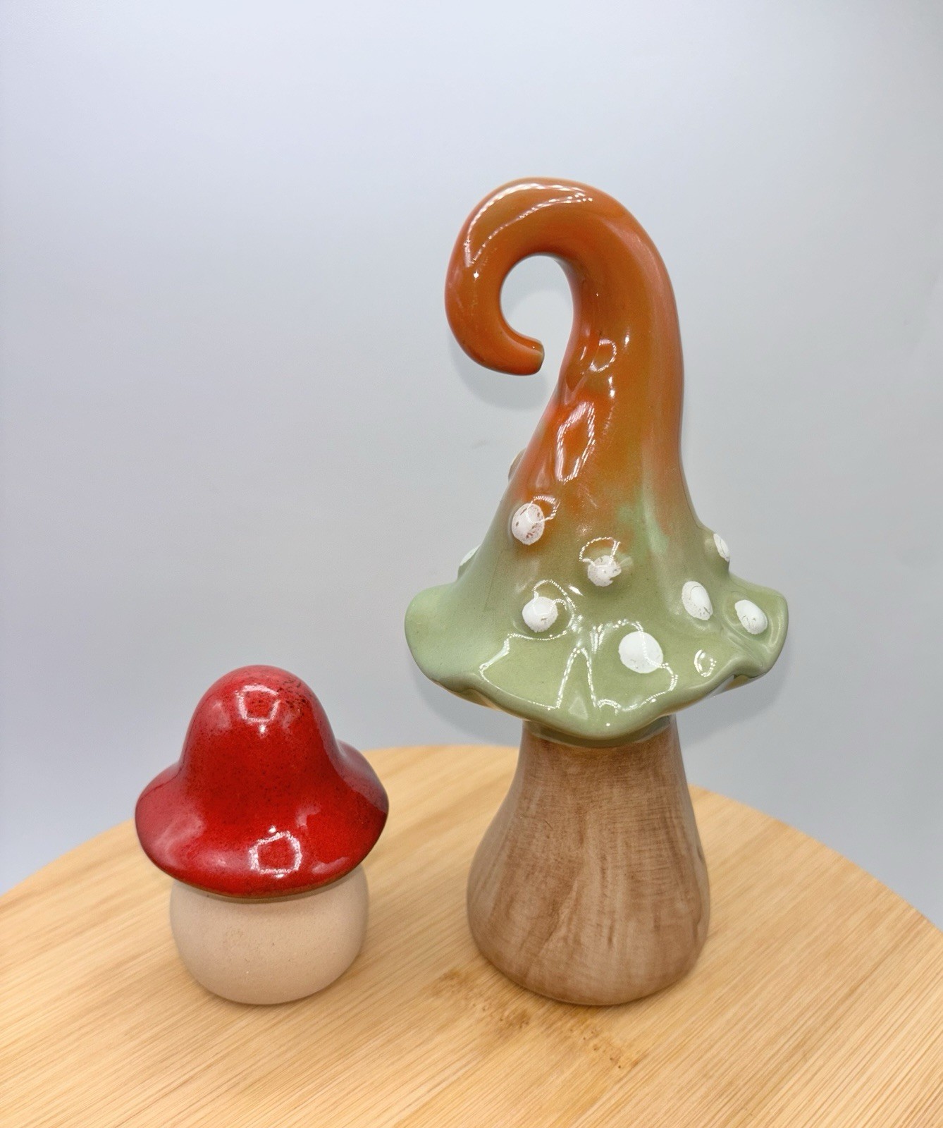 2 Mushroom ceramic figurines orange green white dots red The spring shop NWOT