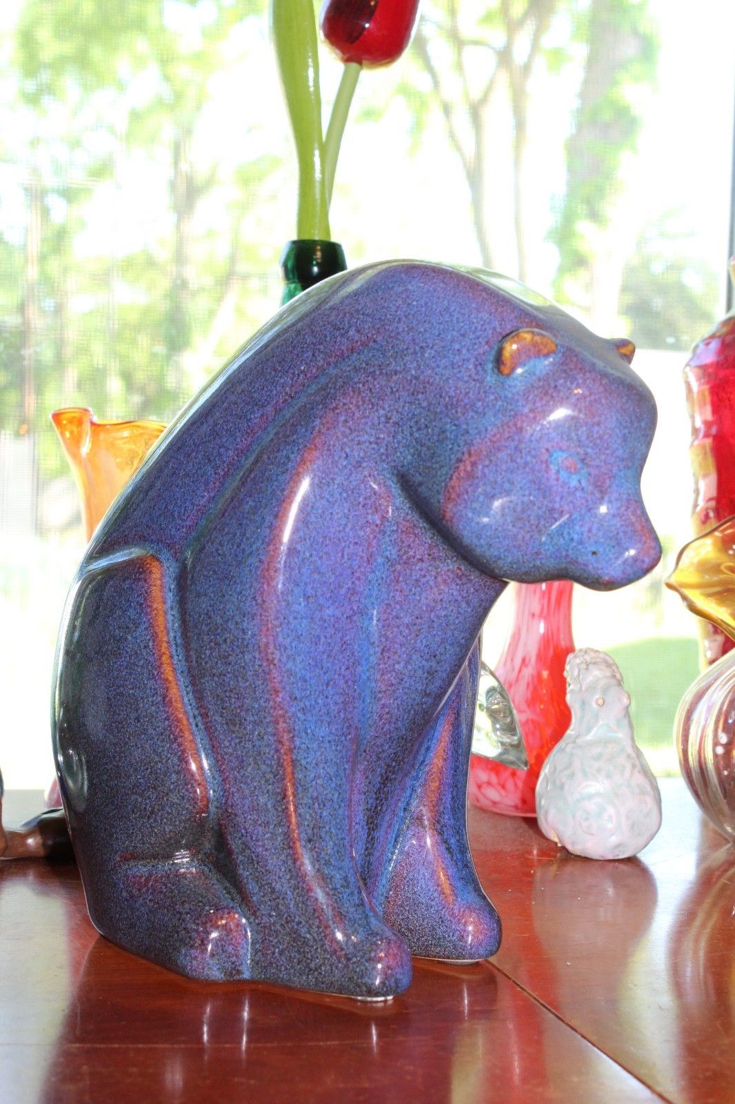 Mid Century Modern Ceramic Bear Scandinavian Purple Blue Brown Glaze 8.5″ T