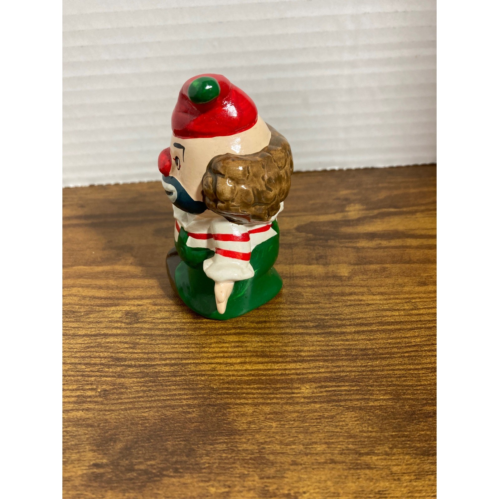 Vintage Enesco Ceramic Clown Figurine Red Hat Green Overalls Sri Lanka Kitsch