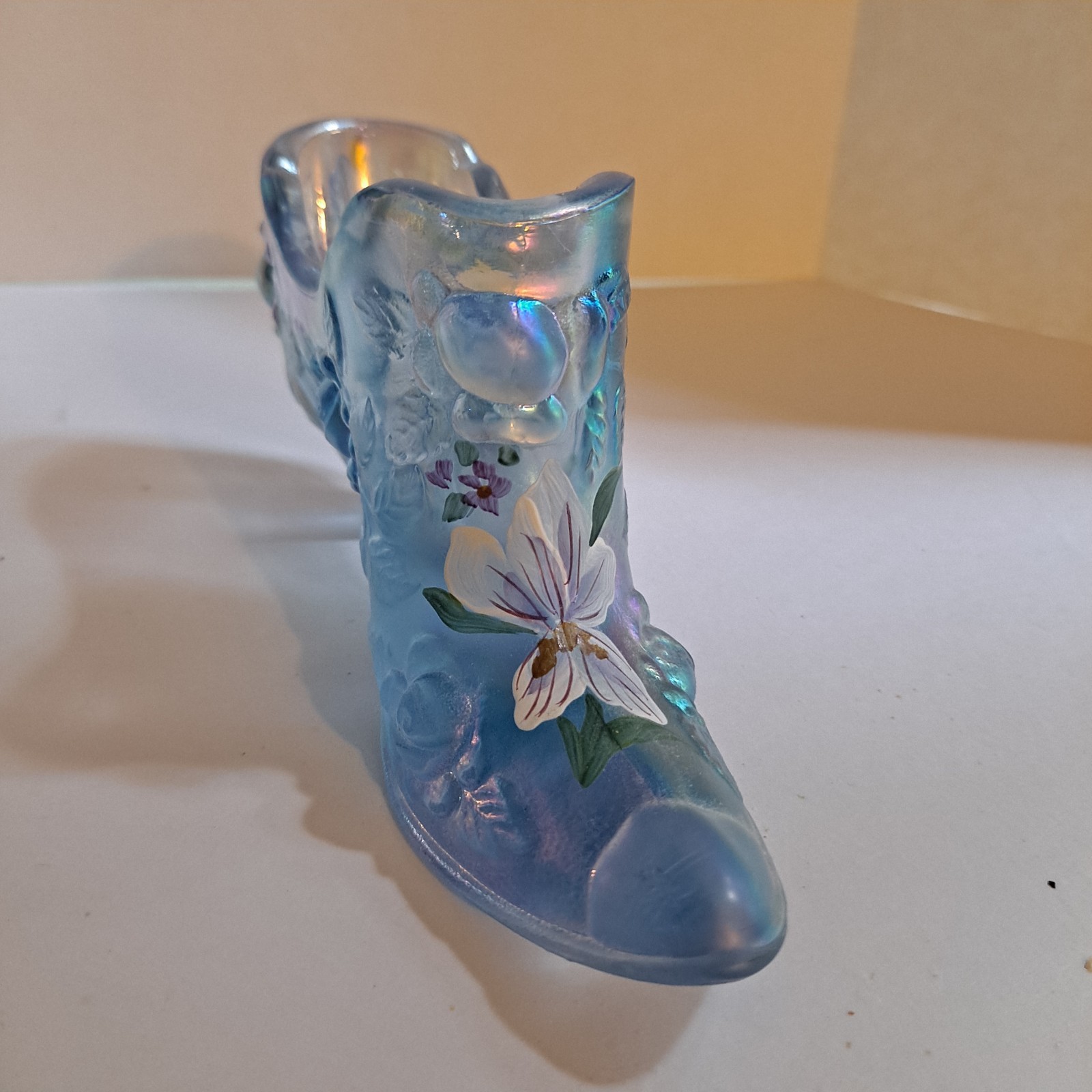 Fenton Art Glass Shoe/Slipper Iridescent Blue Hand Painted 5″