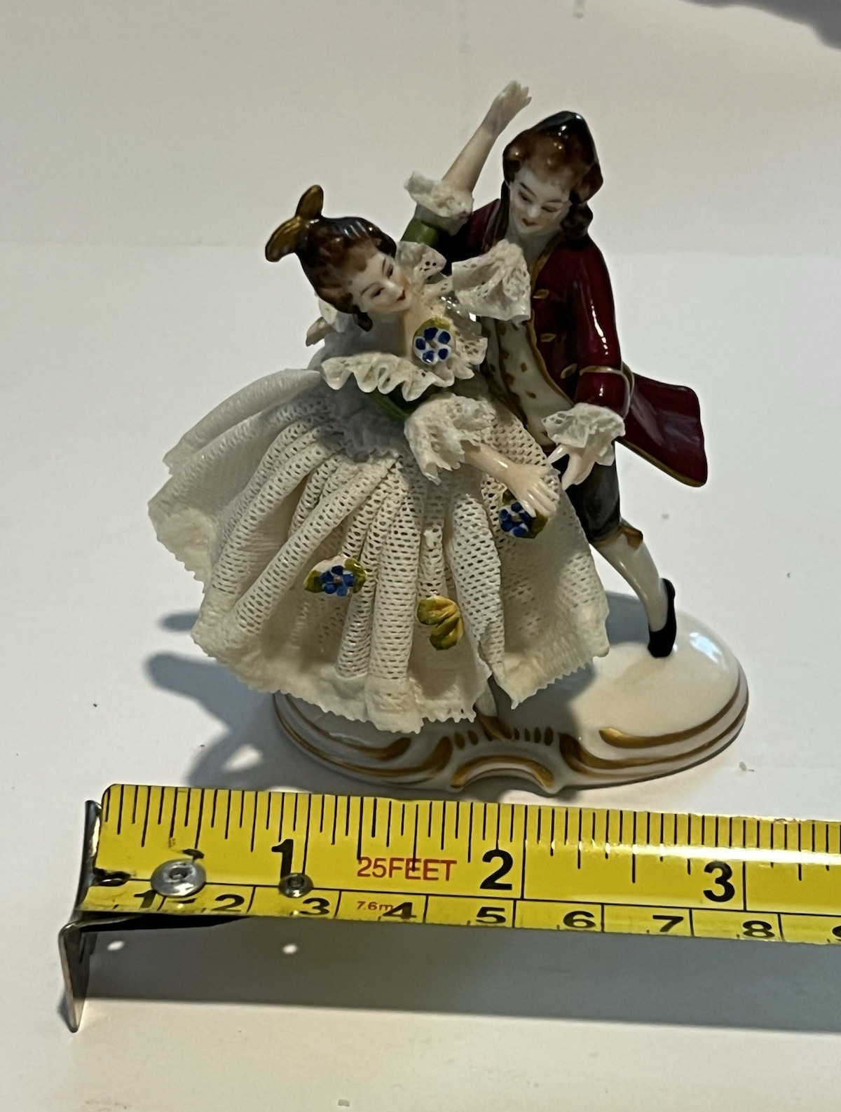 Hand Painted Porcelain Dancing Couple Figurine Signed Glazed Lace