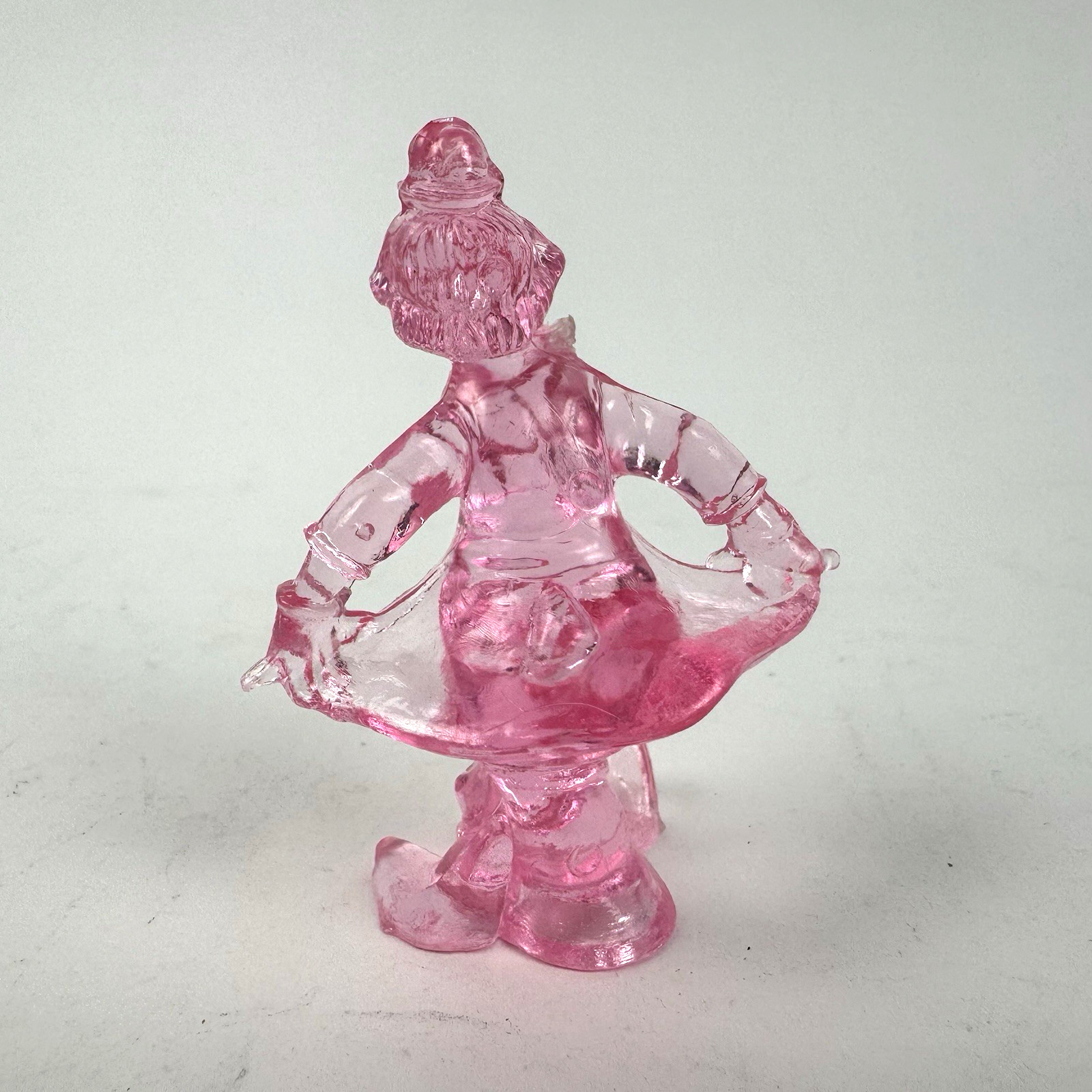 4 Vintage Clear Plastic/Lucite Circus Clown Figurines Pink Blue Red Purple