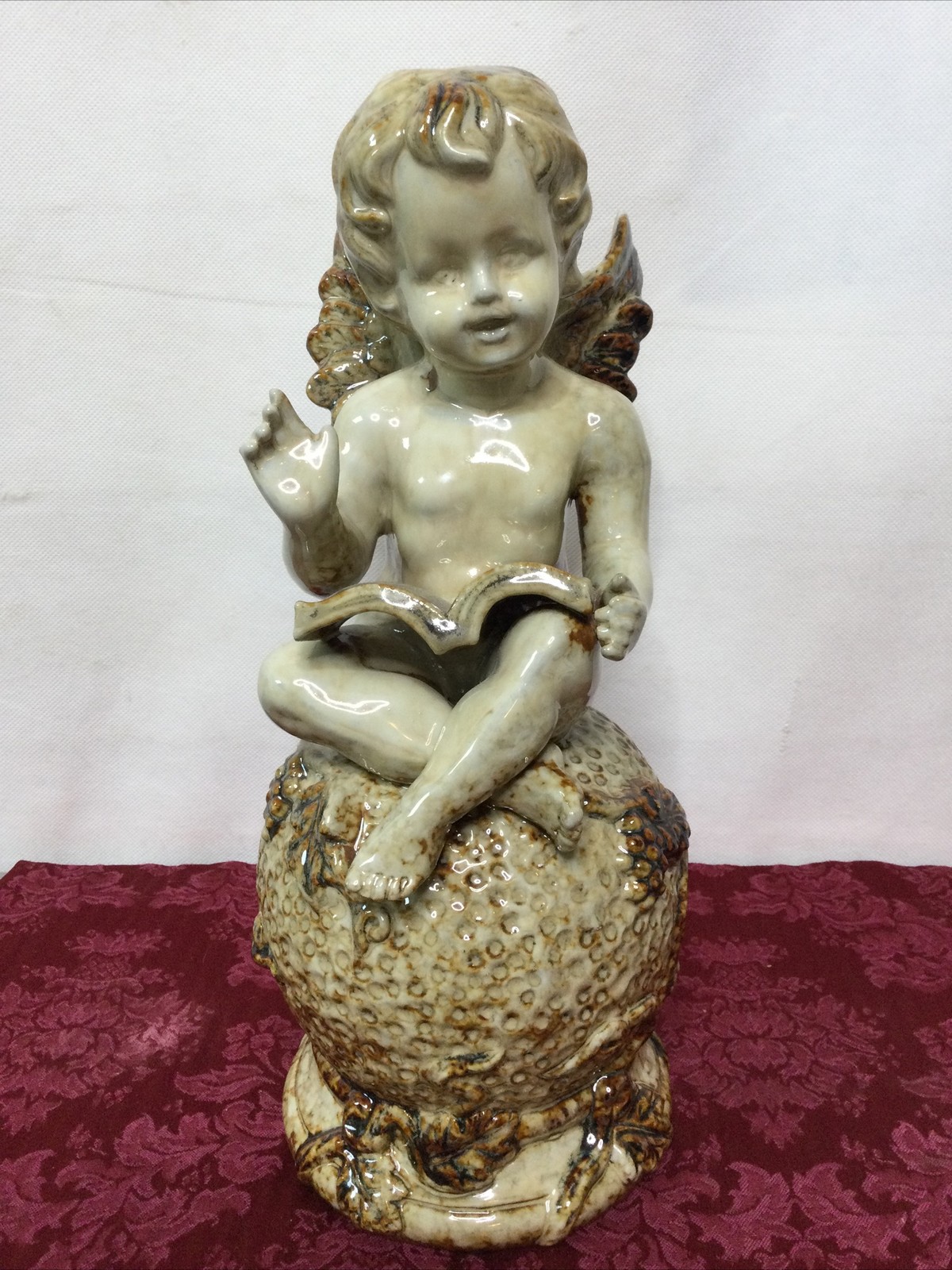 Angel Cherub Statue Grape Leaves Vines Sitting On Finial Globe 13 Inch