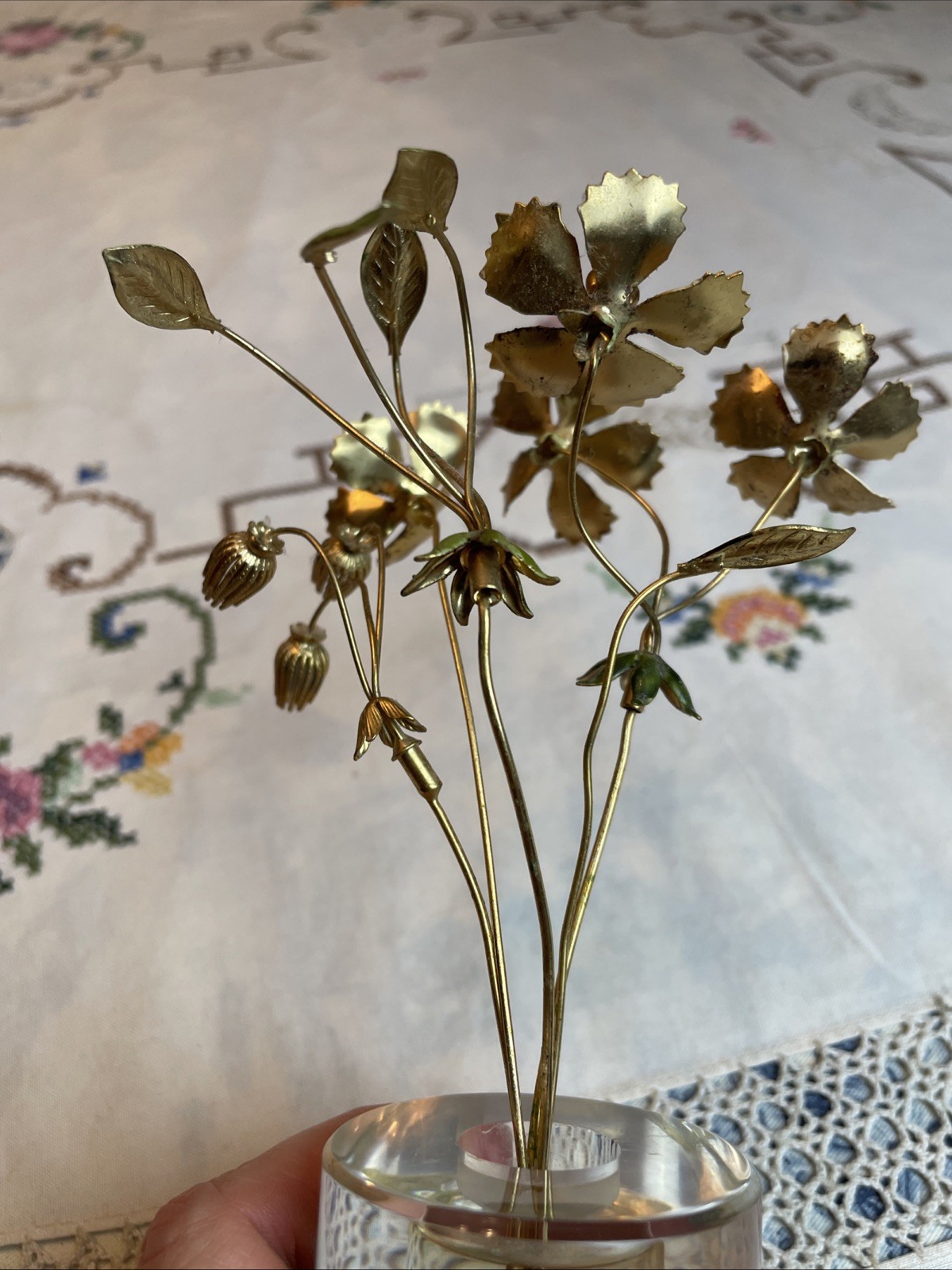 VTG Enameled Flowers w/Lucite base Gorham Jane Hutcheson Fleurs Des Siecles