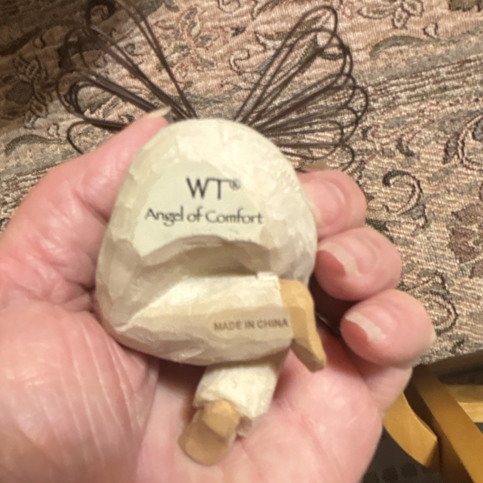 WT Angel Figurine Resin & Metal Hand Painted Matte Beige Brown Green Traditional