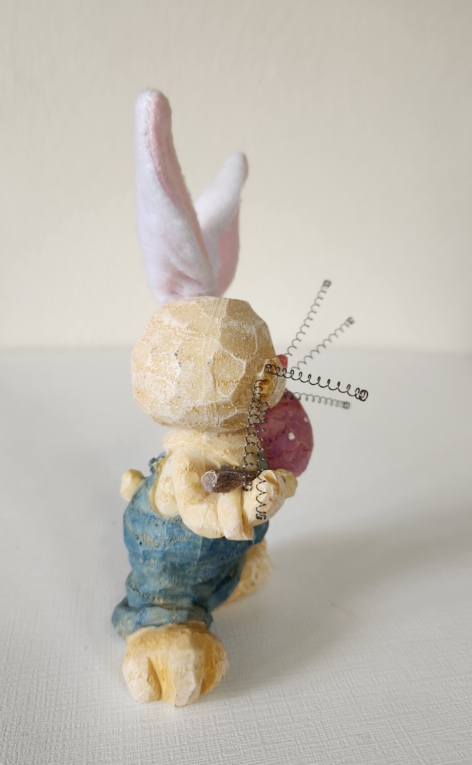 Easter Bunny Rabbit Spring Resin Figurine Fabric Ears & Spring Whiskers EUC