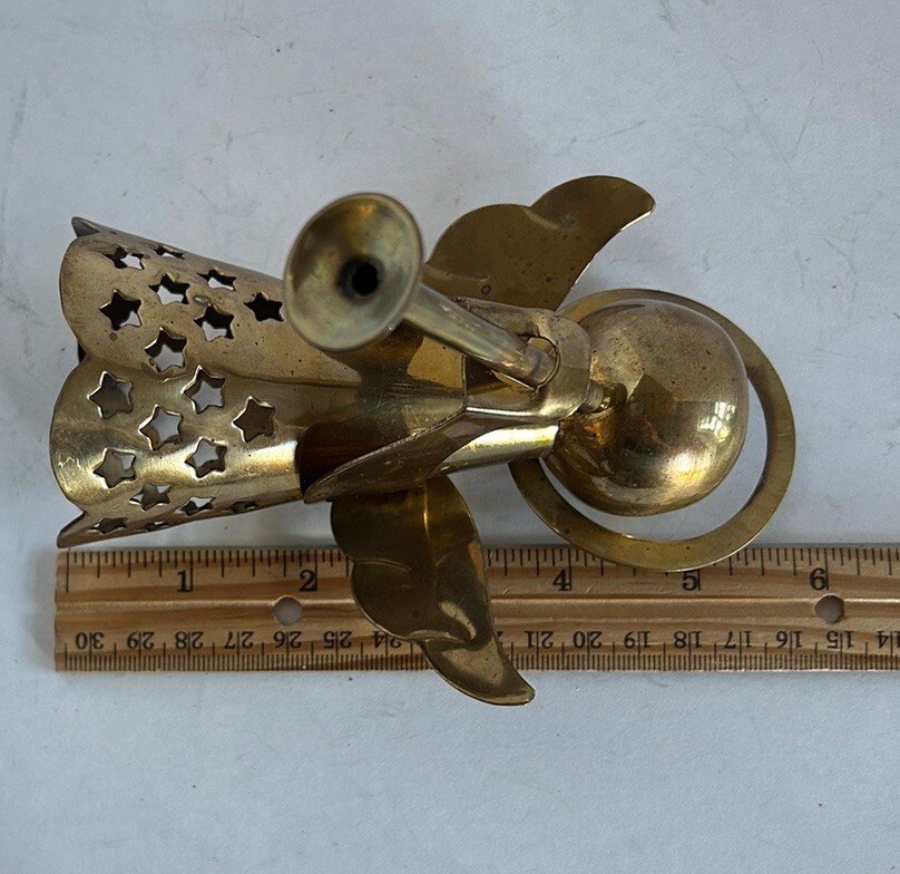2 Metal Christmas Angel Figurines Playing Horns 6” Brass 7” Silver Plated