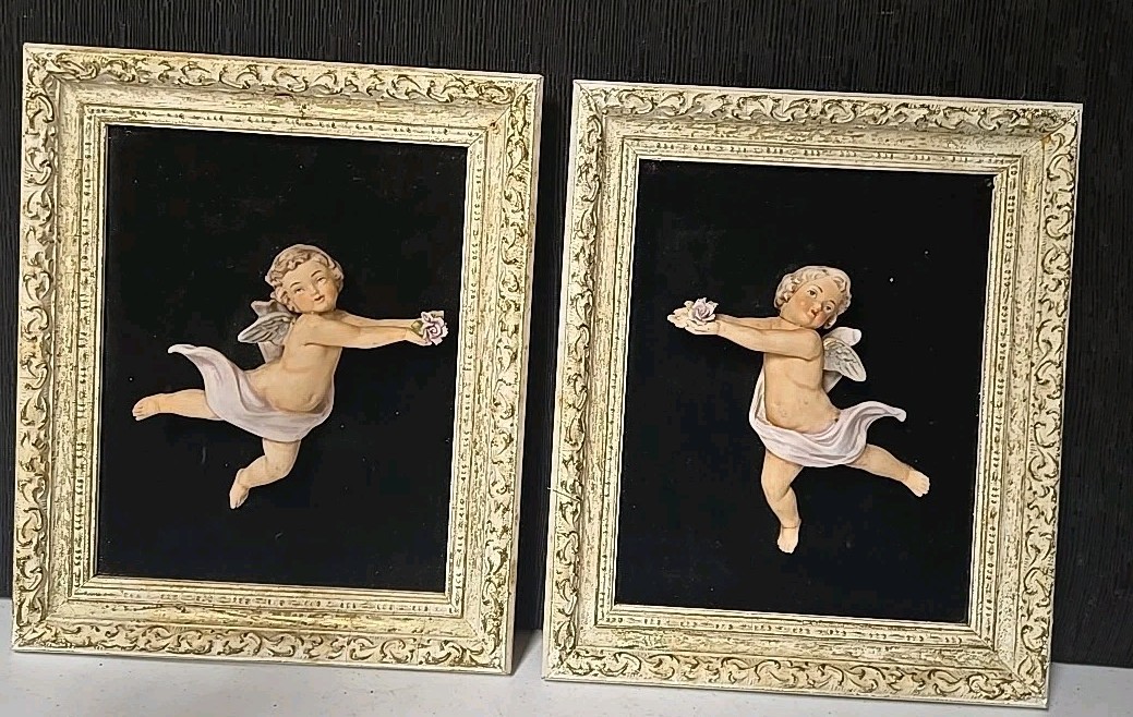 Vintage Italian Bisque Cherub Wall Plaques Pair 10×12 Capodimonte Style Putti…