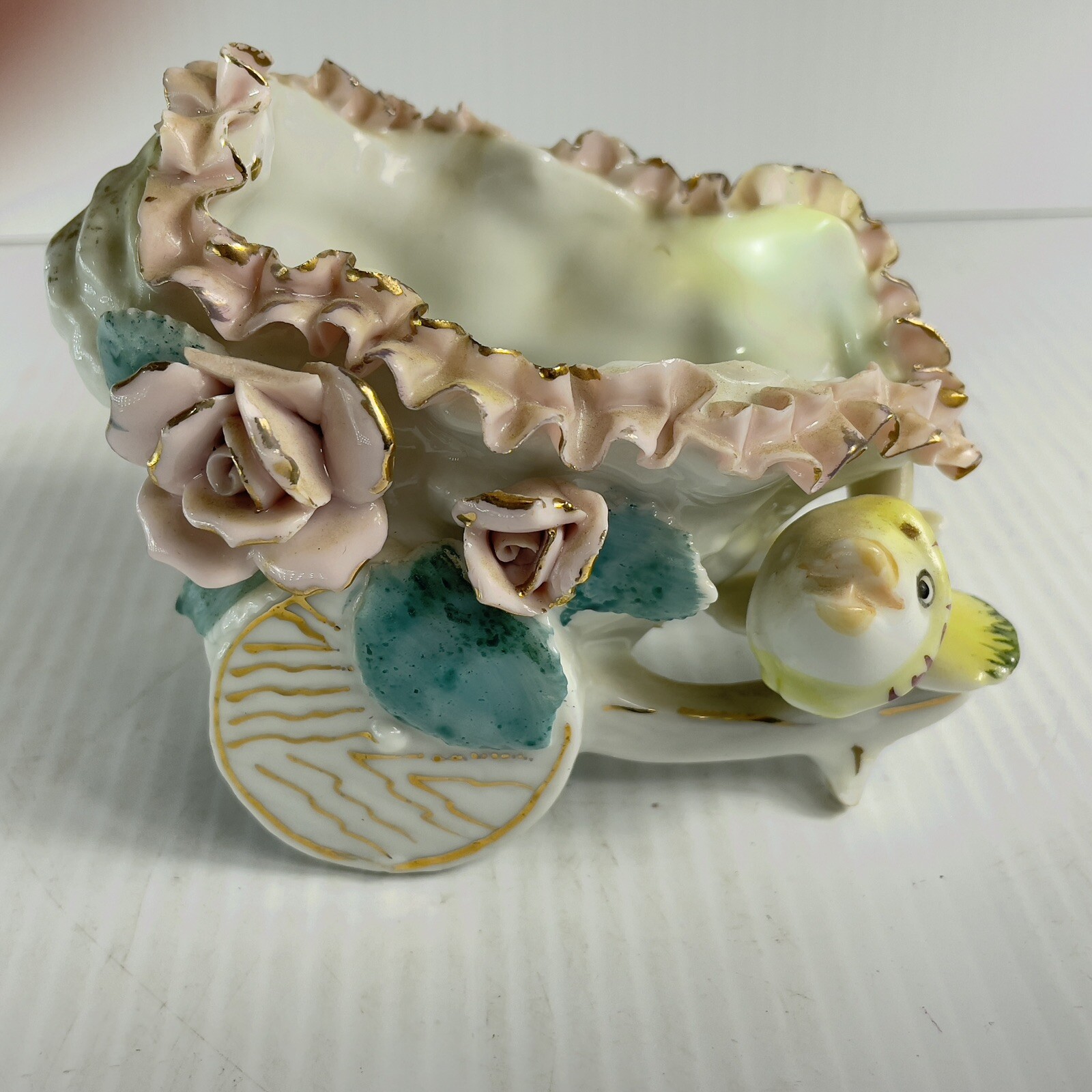 Porcelain Cart With Roses and a little Bird