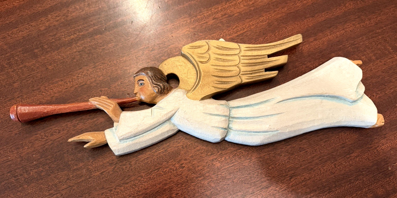 Vtg Hand Carved Wood Angel Wall Plaque Trumpeting Flying Angel 14.25” Folk Art
