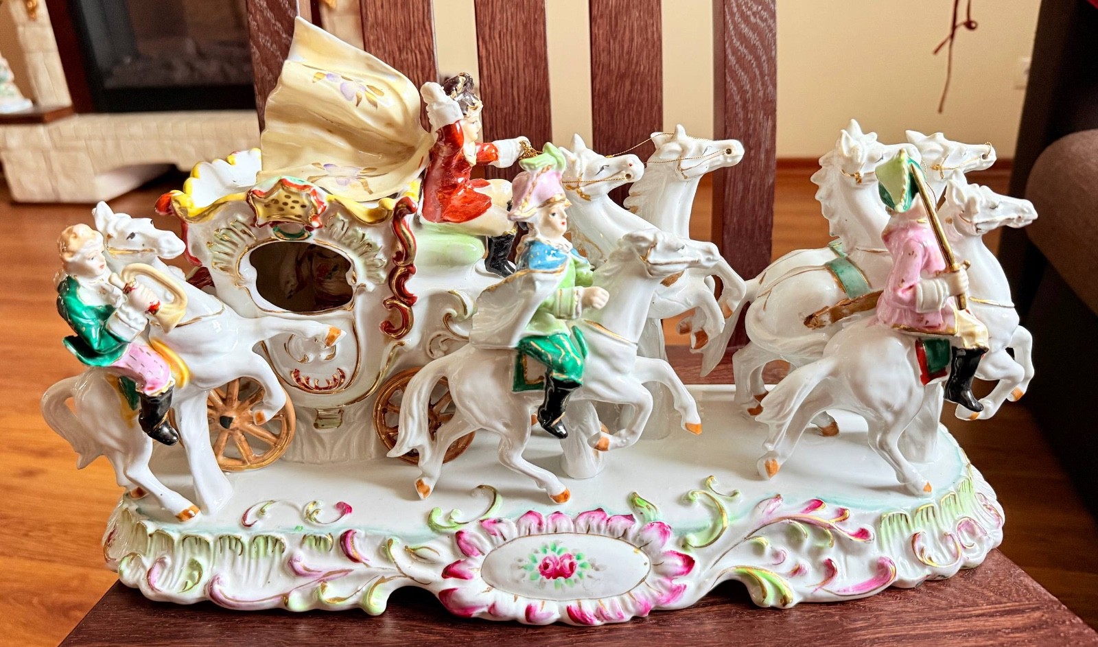 Large 16.5″ German Porcelain Horse Drawn Carriage Figurine Rococo Coach Vintage