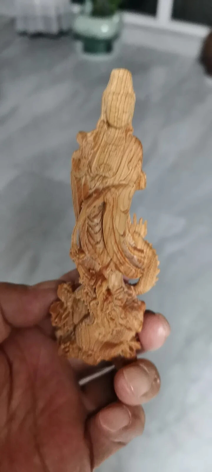 4.7″ Natural Boxwood Carving Dragon Avalokitesvara Bodhisattva Fengshui Ornament