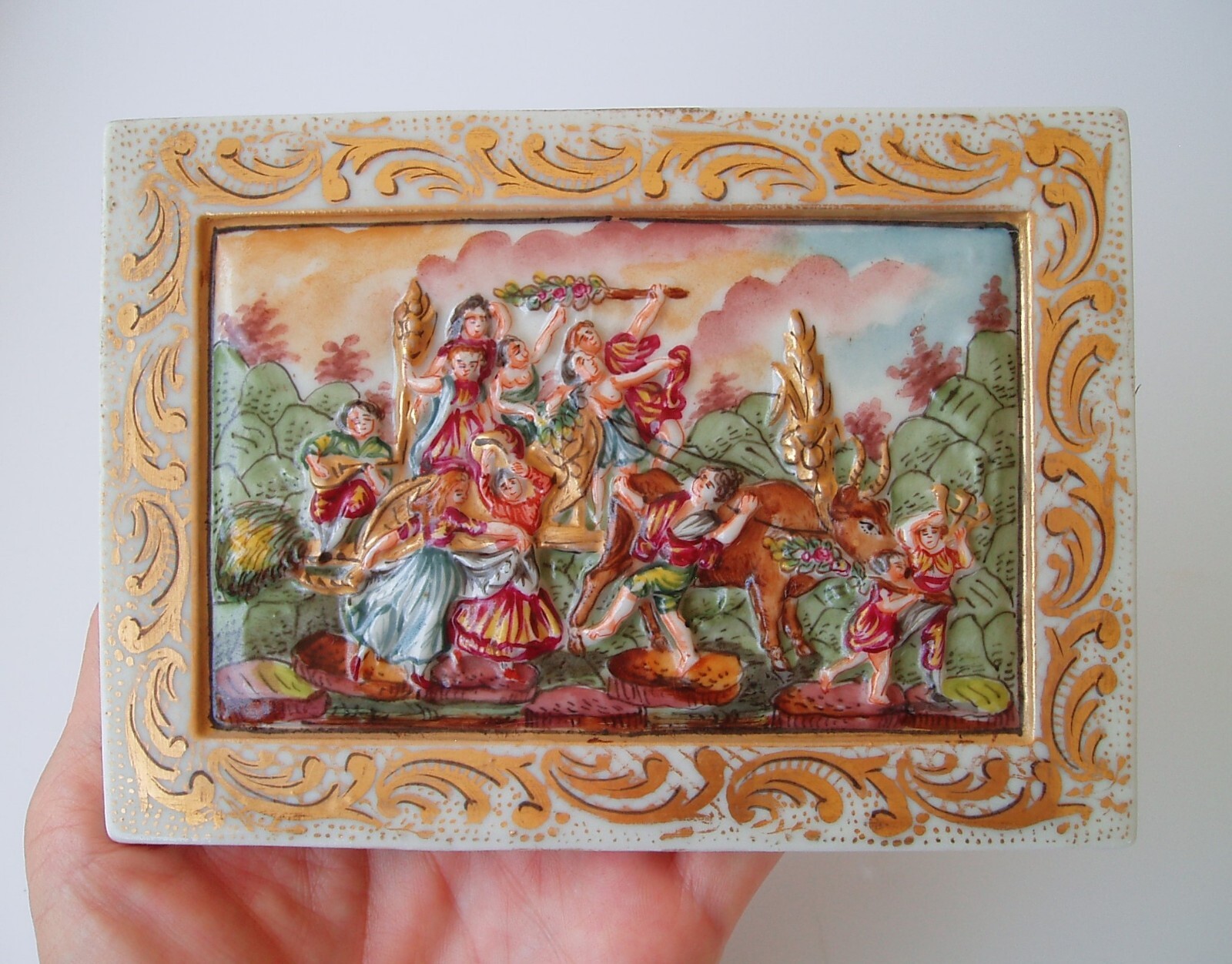Antique Capodimonte Bacchanalian or Harvest Scene Porcelain Relief Wall Plaque