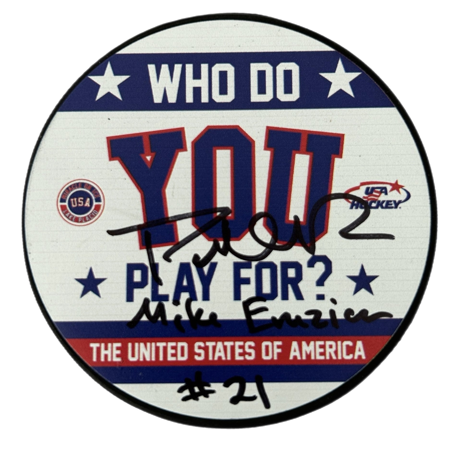 USA Hockey Miracle On Ice Hockey Who Do You Play For Puck Signed by Patrick O’