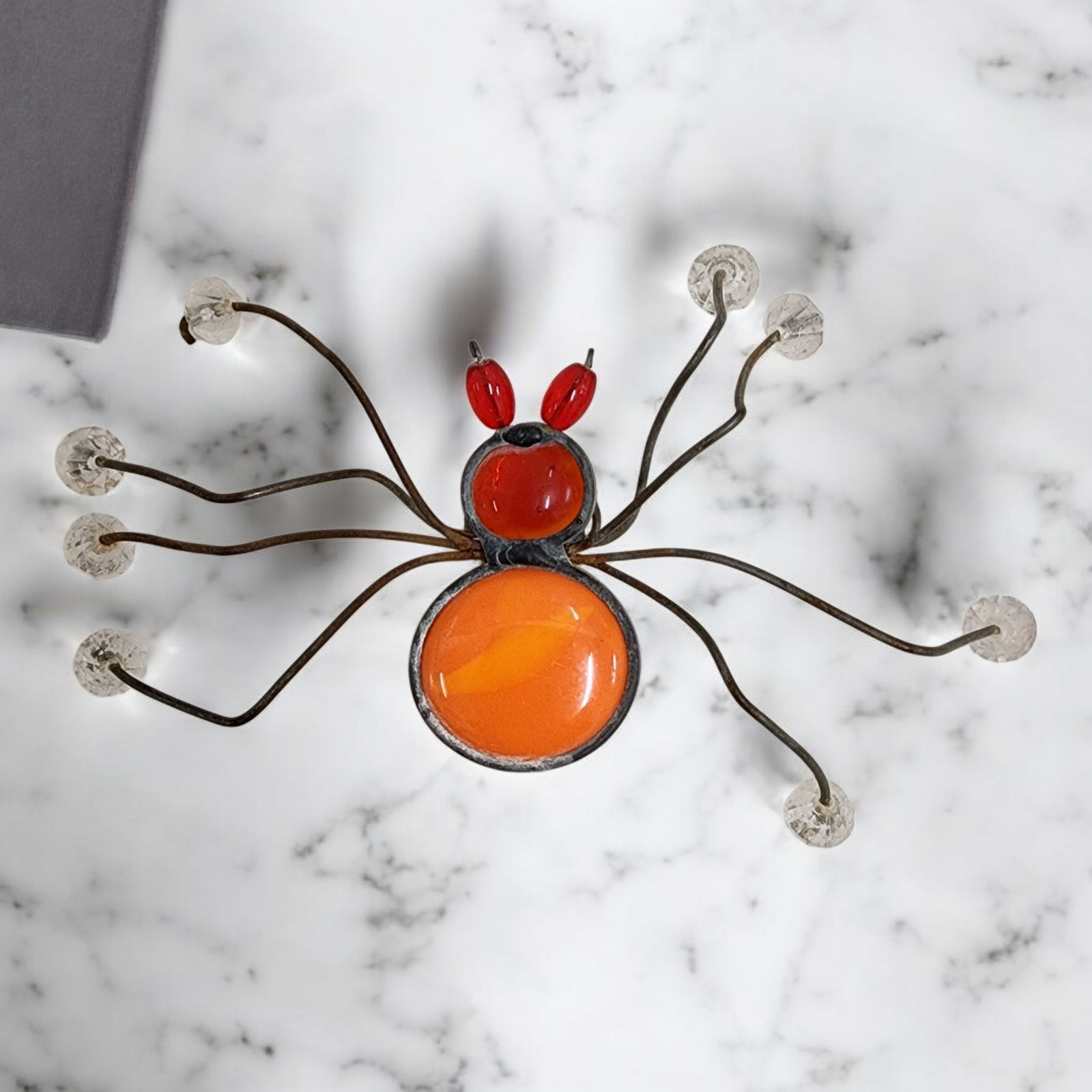 Handcrafted Stained Glass Spider Figurine Wire Legs Orange Red Insect Sculpture