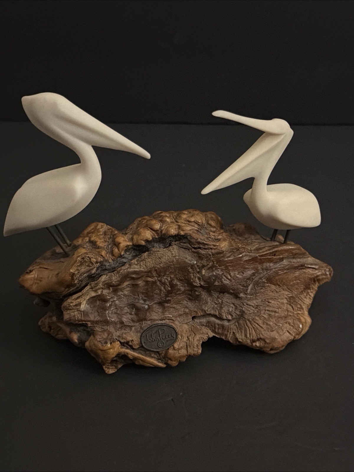 John Perry Pelican Sculpture Burlwood Base Vintage Wildlife Art Pair Sea Decor
