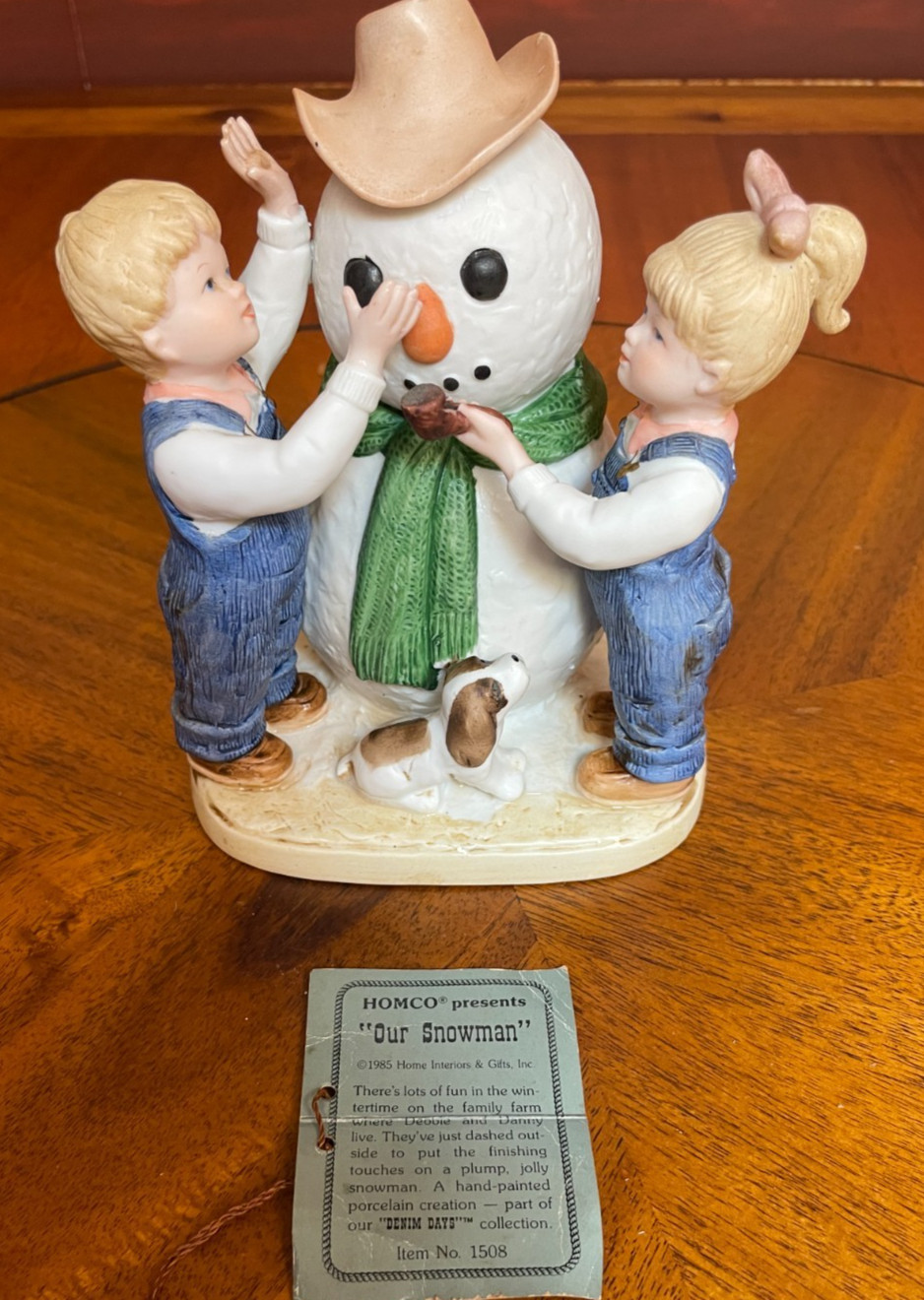 1985 Denim Days Our Snowman Porcelain Figure Vintage w/tag