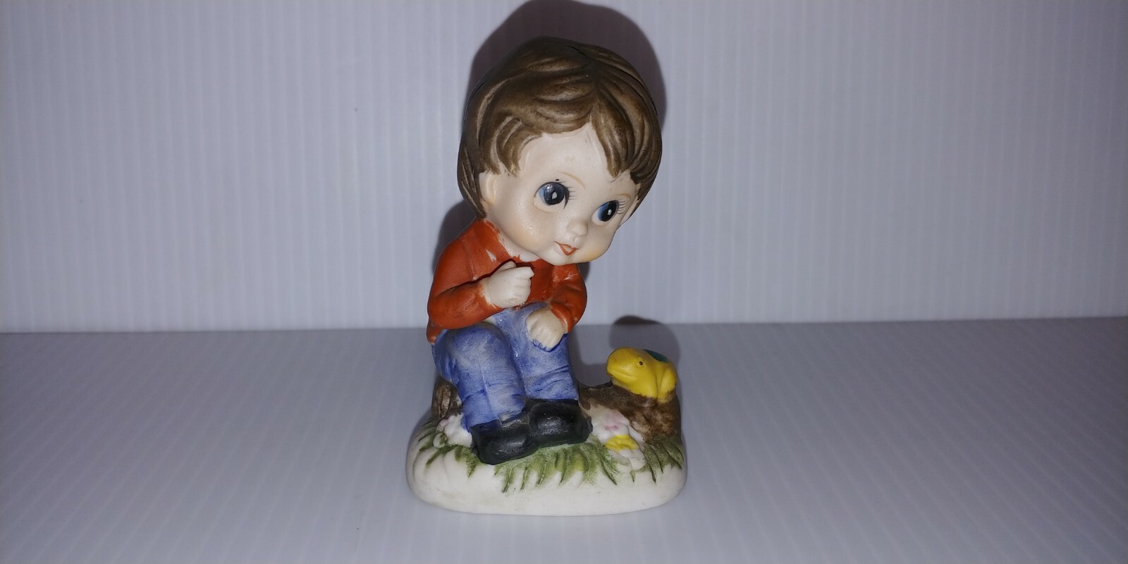 Young Boy Figurine Frog Hand Painted Porcelain Bisque Art Pottery