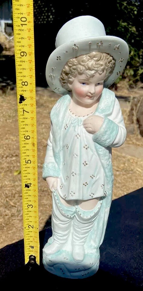 ANTIQUE GERMAN BISQUE BOY FIGURINE W/TOP HAT & FANCY CLOTHES 10.5 In