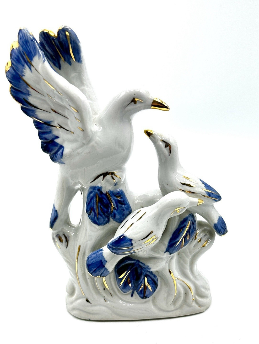 Vintage Doves Ceramic Figurine 3 Birds Blue White Gold