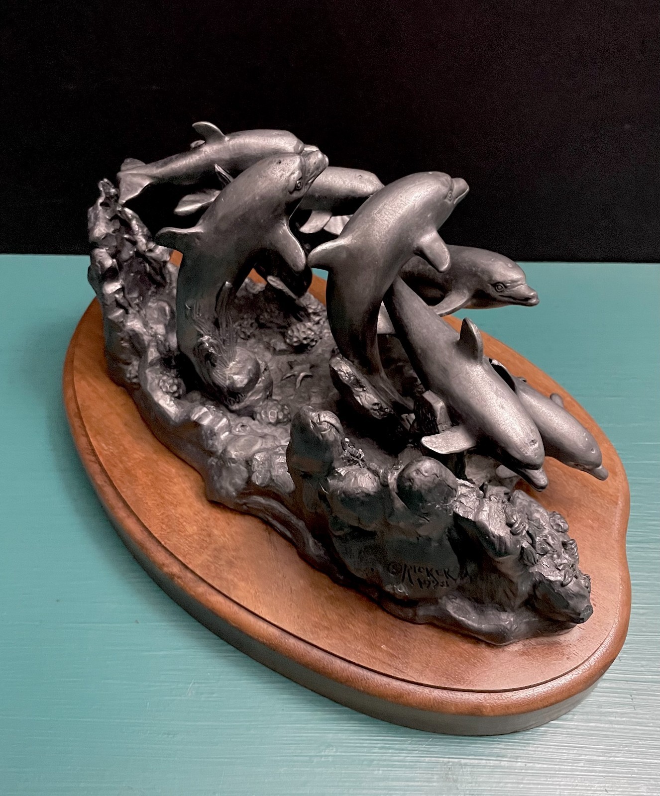 Michael Ricker Pewter Dolphin Pod Nautical Sea Life Corral Reef Ocean Art Statue