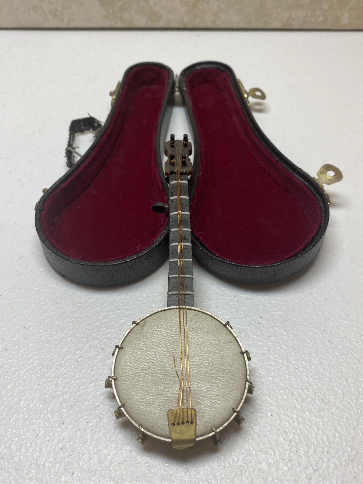 Miniature Banjo Replica In Velvet Lined leather Case 7 1/4 In