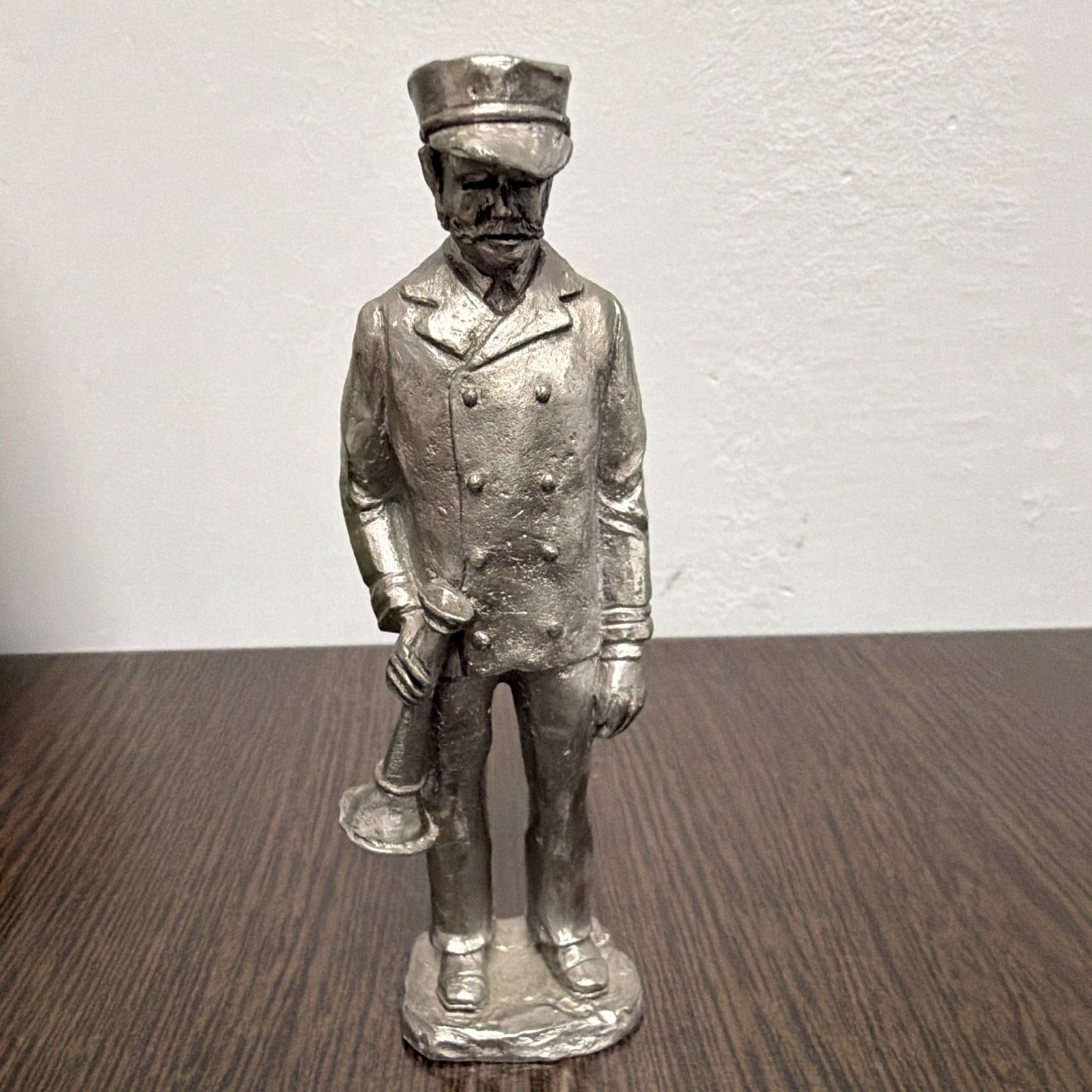 Silver Tone Metal Man Figurine Sculpture Holding Horn/Trumpet, Metallic