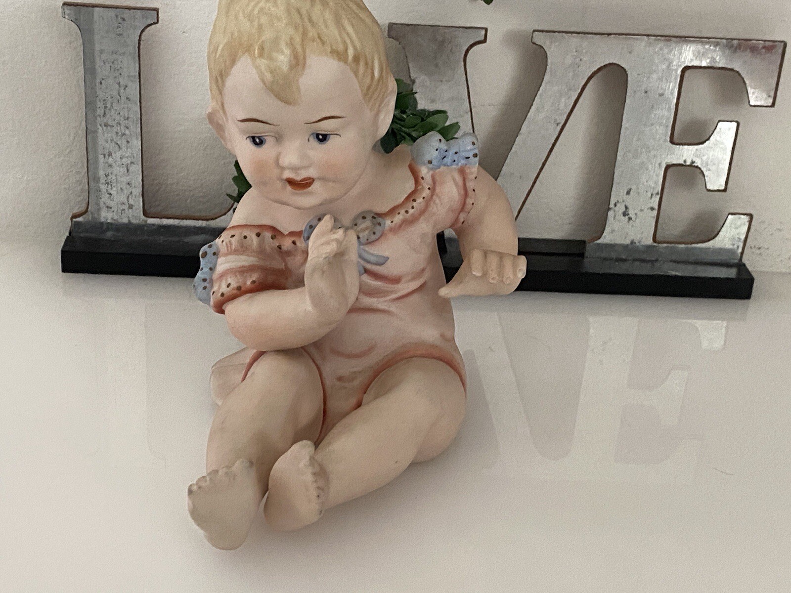 Porcelain Bisque Piano Baby Boy Pink Dress Blue Bows Sitting Up Stamped 23/112