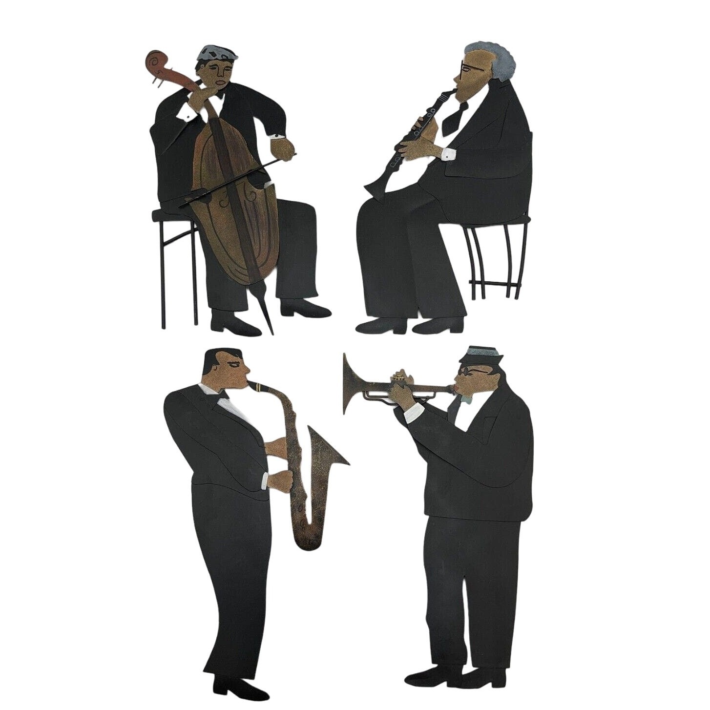 Lot of 4 Decorative Metal Jazz Musician Figurine Clarinet Trumpet Saxophone Bass