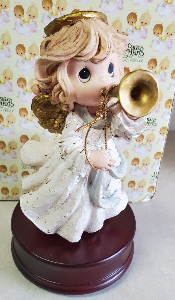 Precious Moments Angel with Trumpet Figurine. Musical Box Silent Night. 1996