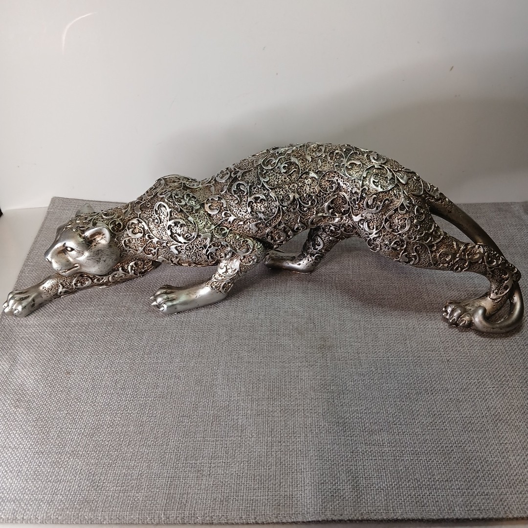 Filigree Design Jaguar Sculpture Figurine 16” Silver Tone