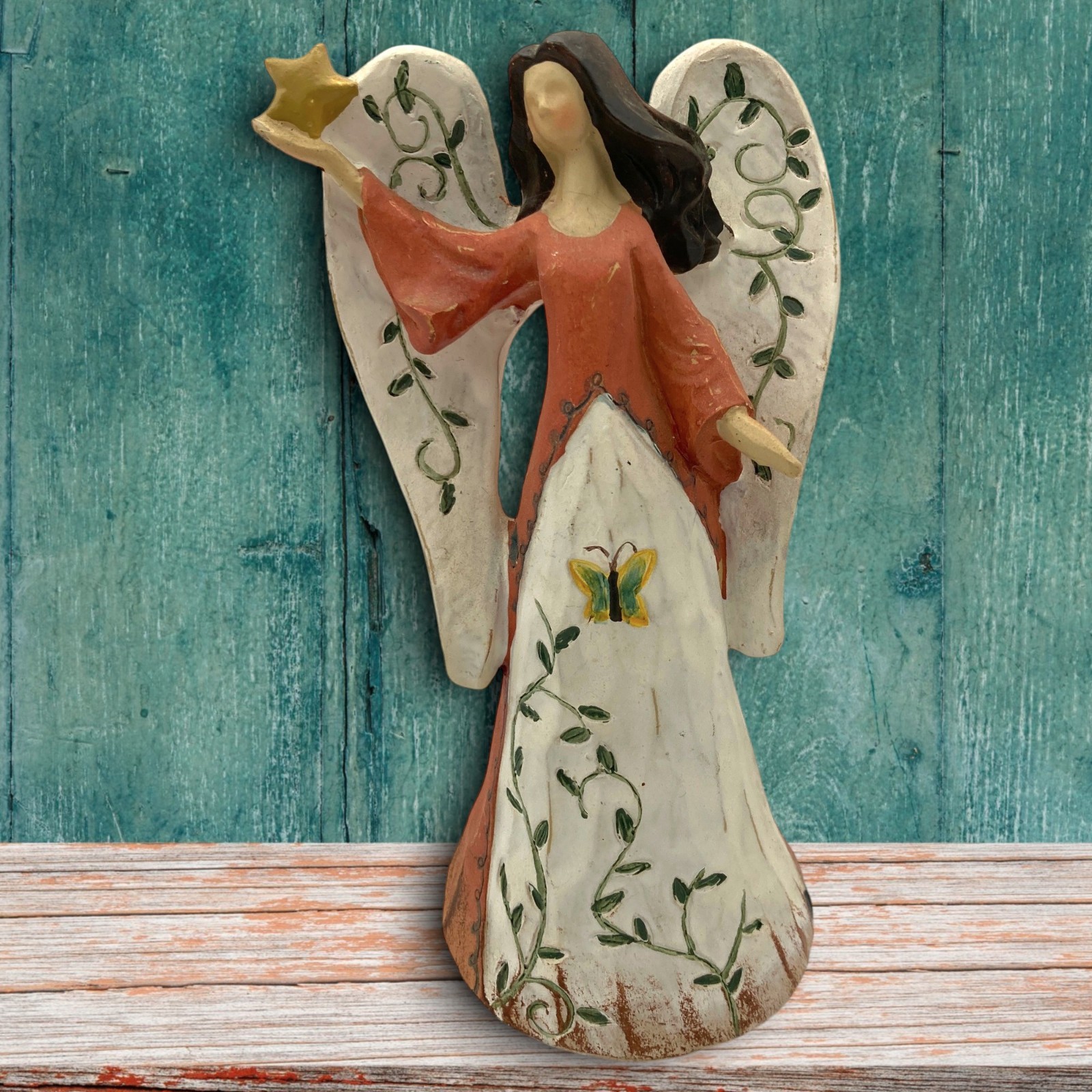 Rustic Carved Wood-Look Angel Catching a Star Figurine 5.5″ Vintage Ganz