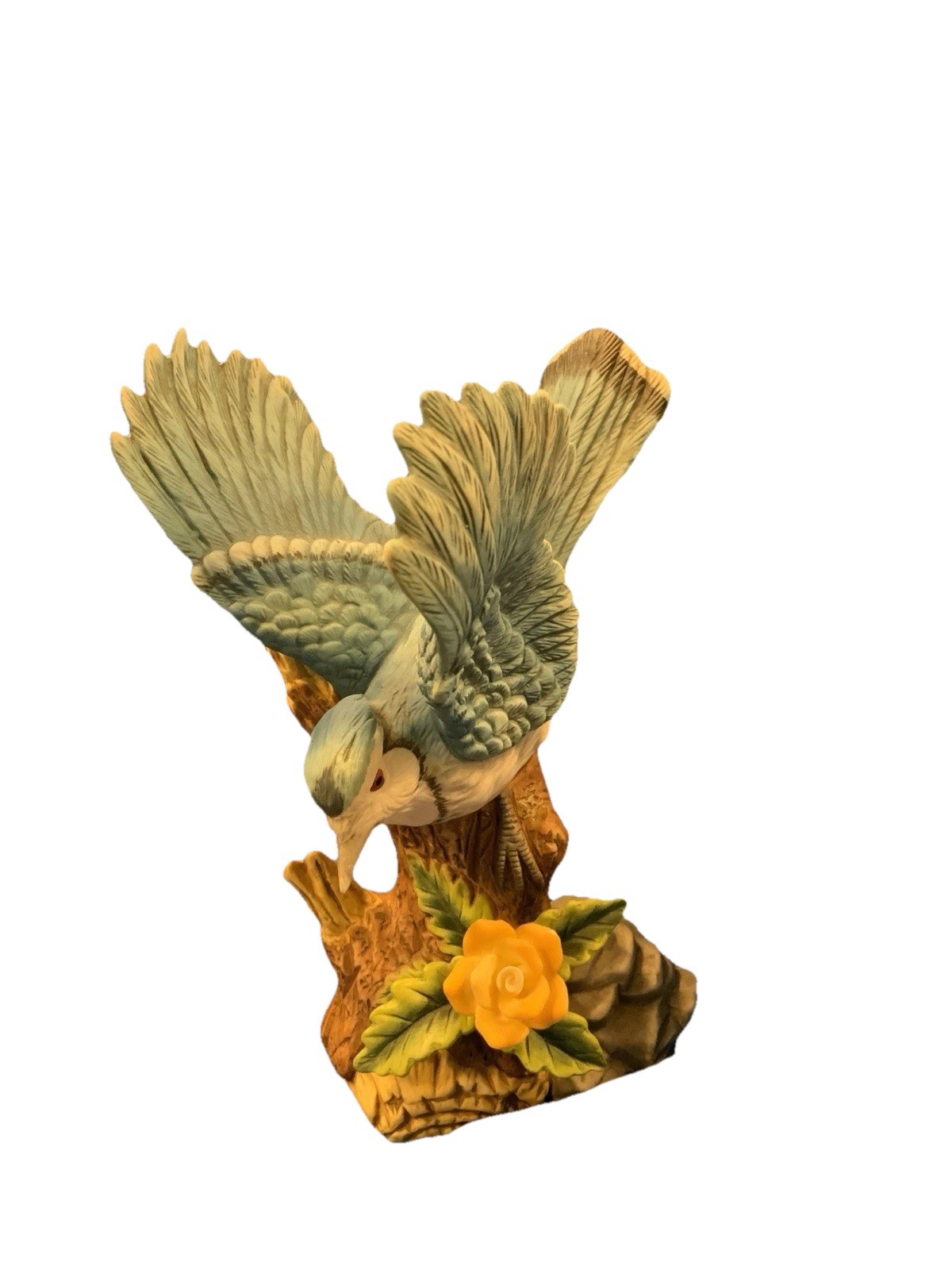 Porcelain Blue Jay Branch Yellow Flower Figure 7.5” Birding Bird Watcher Vintage