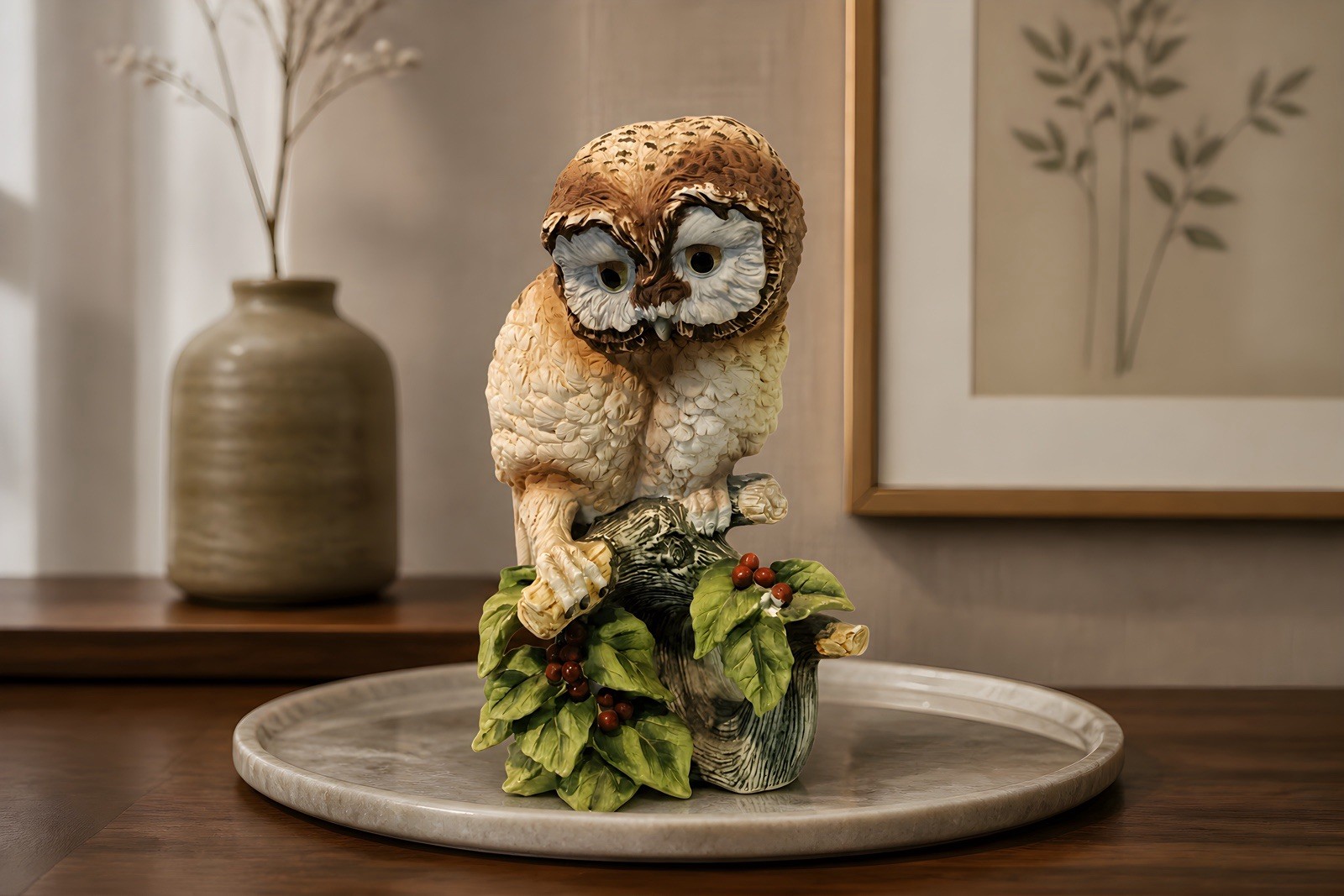 Andera by Sadek porcelain elf owl on a holly branch 11.5” Tall