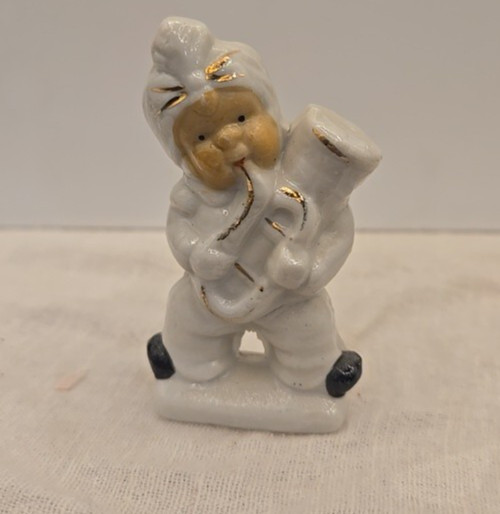 Vintage Japan Ceramic Figurines Boy Playing Instruments White w/ Gold Accents