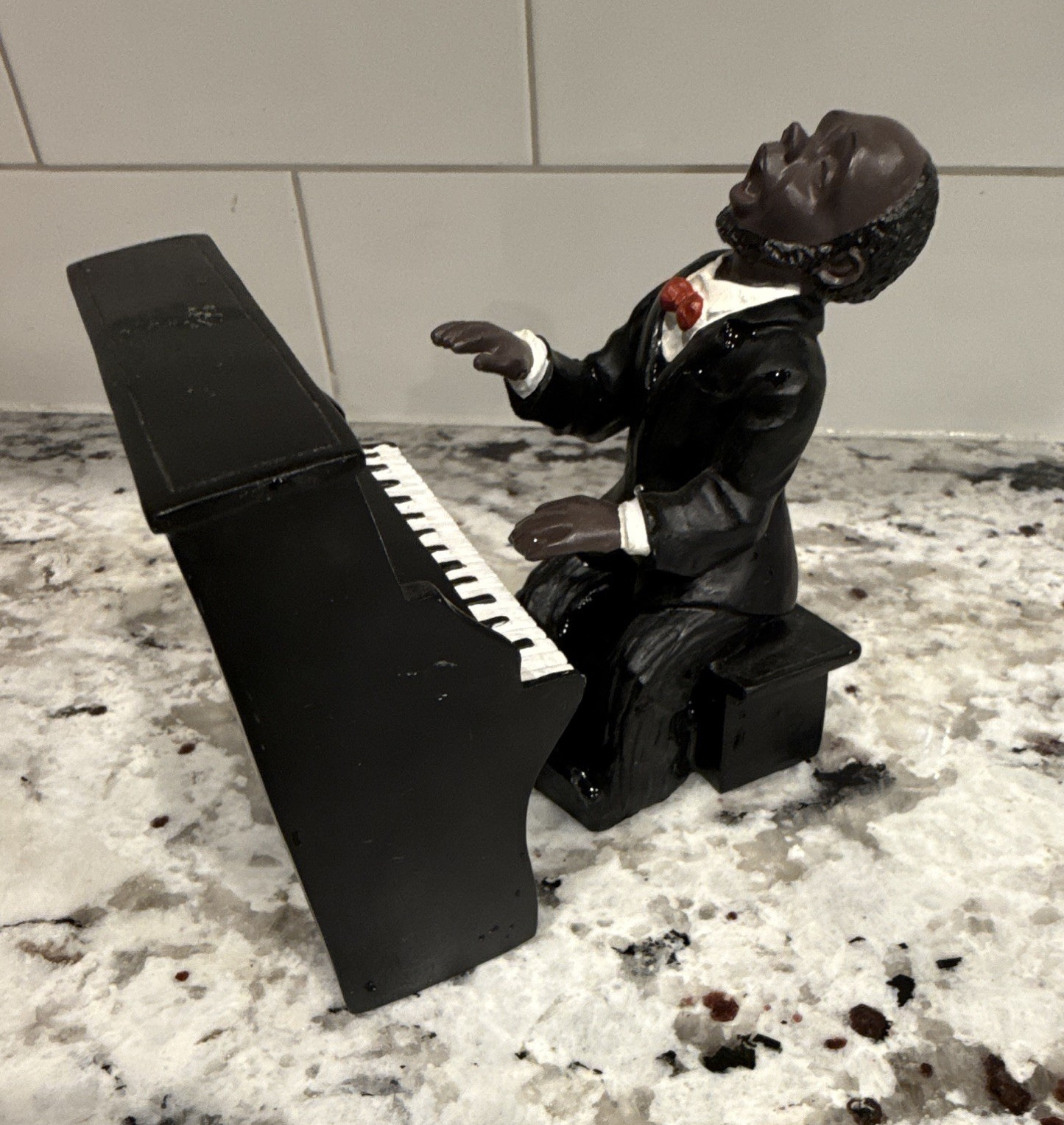 Painted Resin Piano Player Figurine at Upright Piano, Multicolor Music Decor