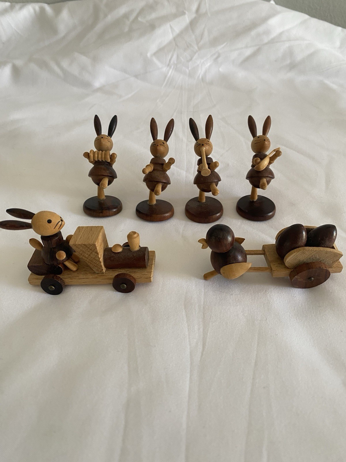 Vintage Goula Spain Wooden Rabbits Miniature Figurines Set Of 6 folk art