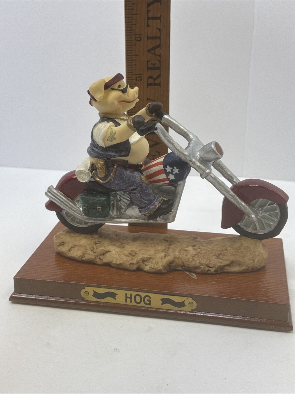 All American Hog On A Motorcycle Harley Davidson Figurine Statue Wood Base Box