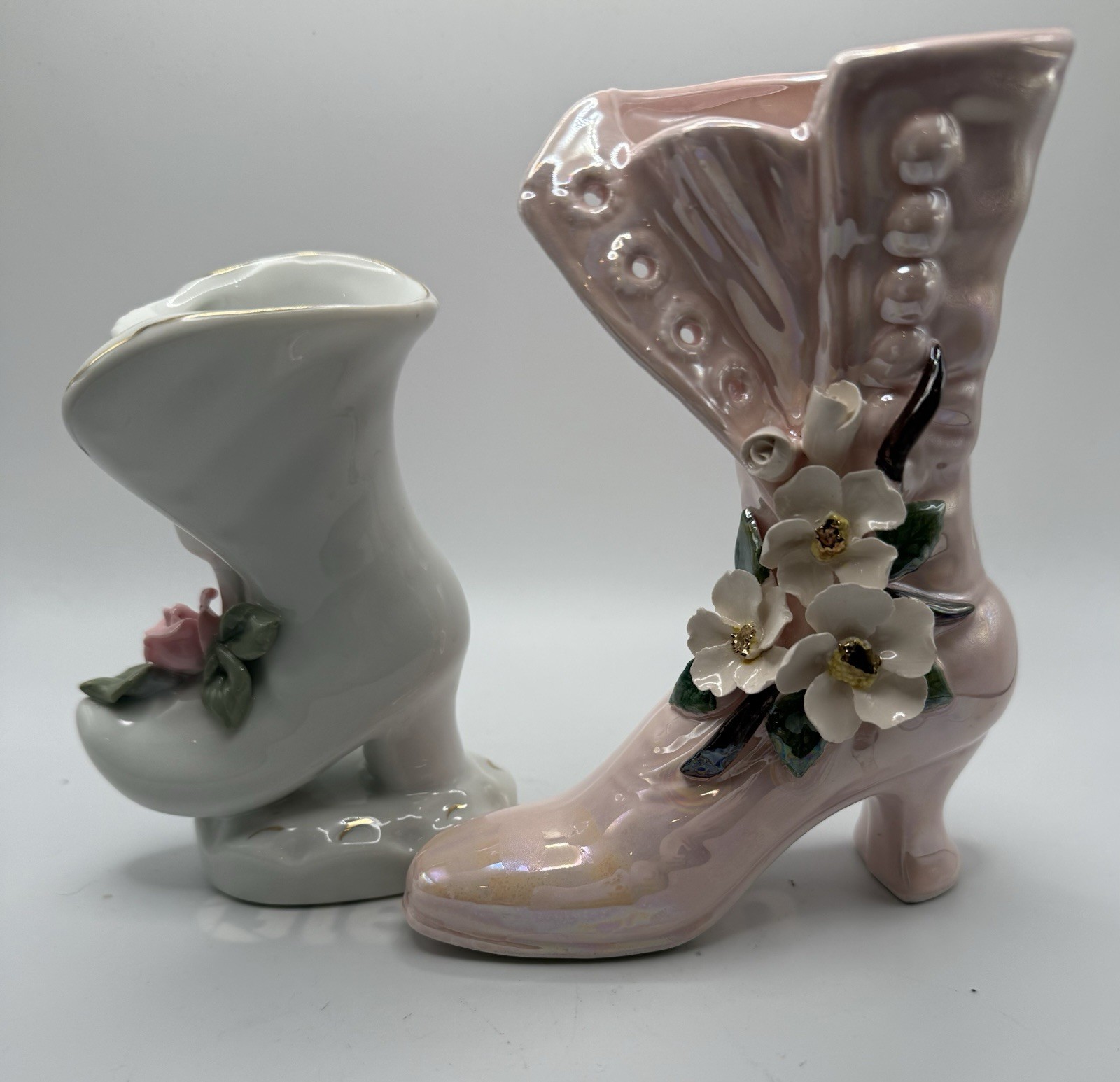 Vintage Porcelain Victorian Style Shoe Figurines W Attached Flowers Set Of 2