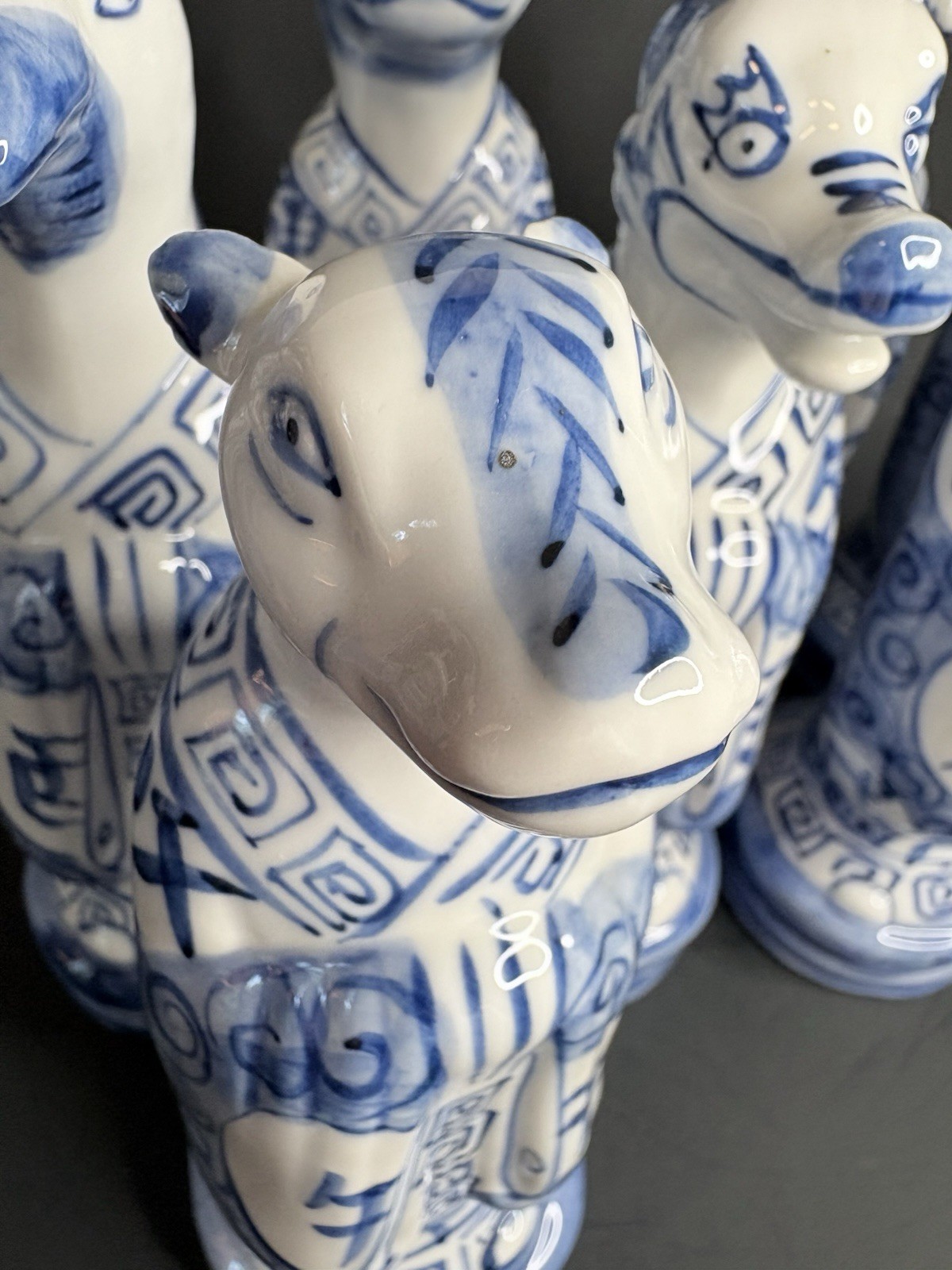 Vintage Porcelain Chinese Zodiac Statues By Andrea by Sadek Blue and White Set
