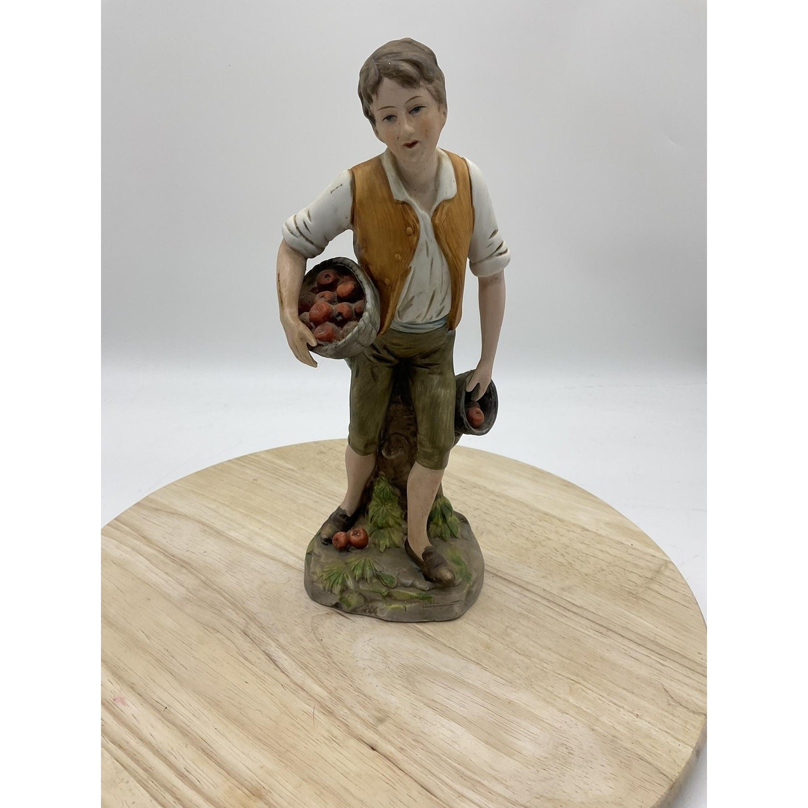 Vintage Ceramic Boy With Apple Baskets Figurine Farmhouse Home Interior Decor