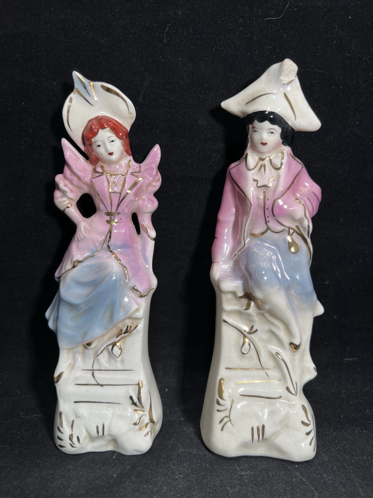 Vintage Colonial/Victorian 7.5″ Figurines Man & Woman 22K Gold Trim, Pink & Blue