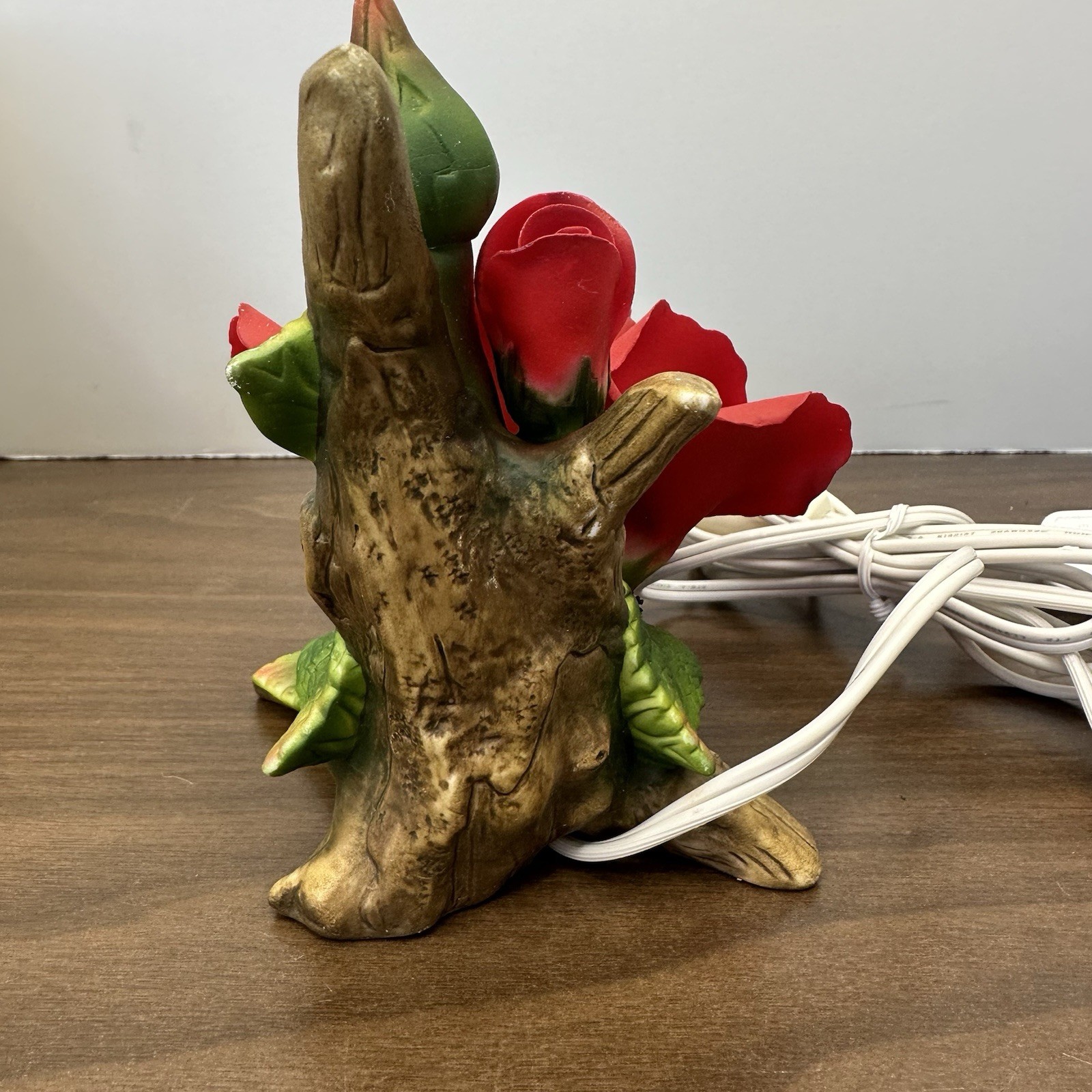 Porcelain NightLight Red Rose On A Log Lighted Figurine Rosebud Floral Garden