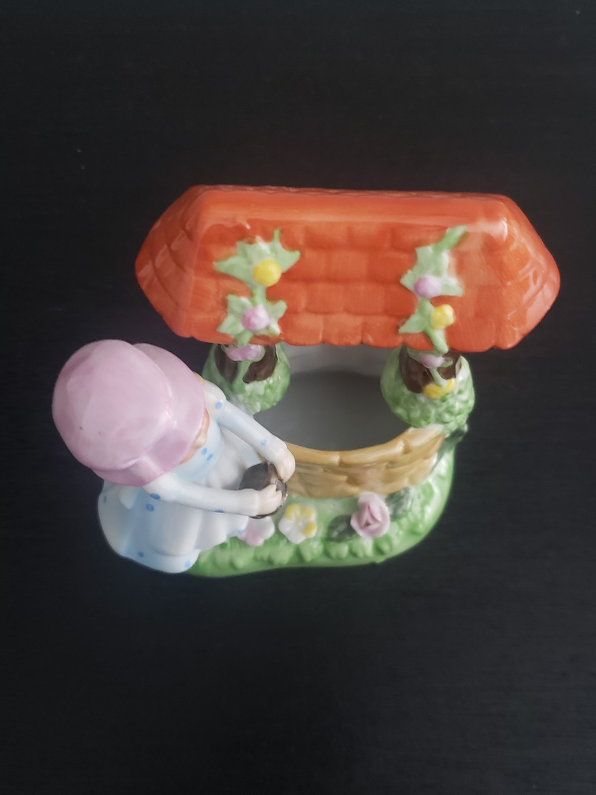 Vintage girl with cat at wishing well hand painted figurine made in Korea