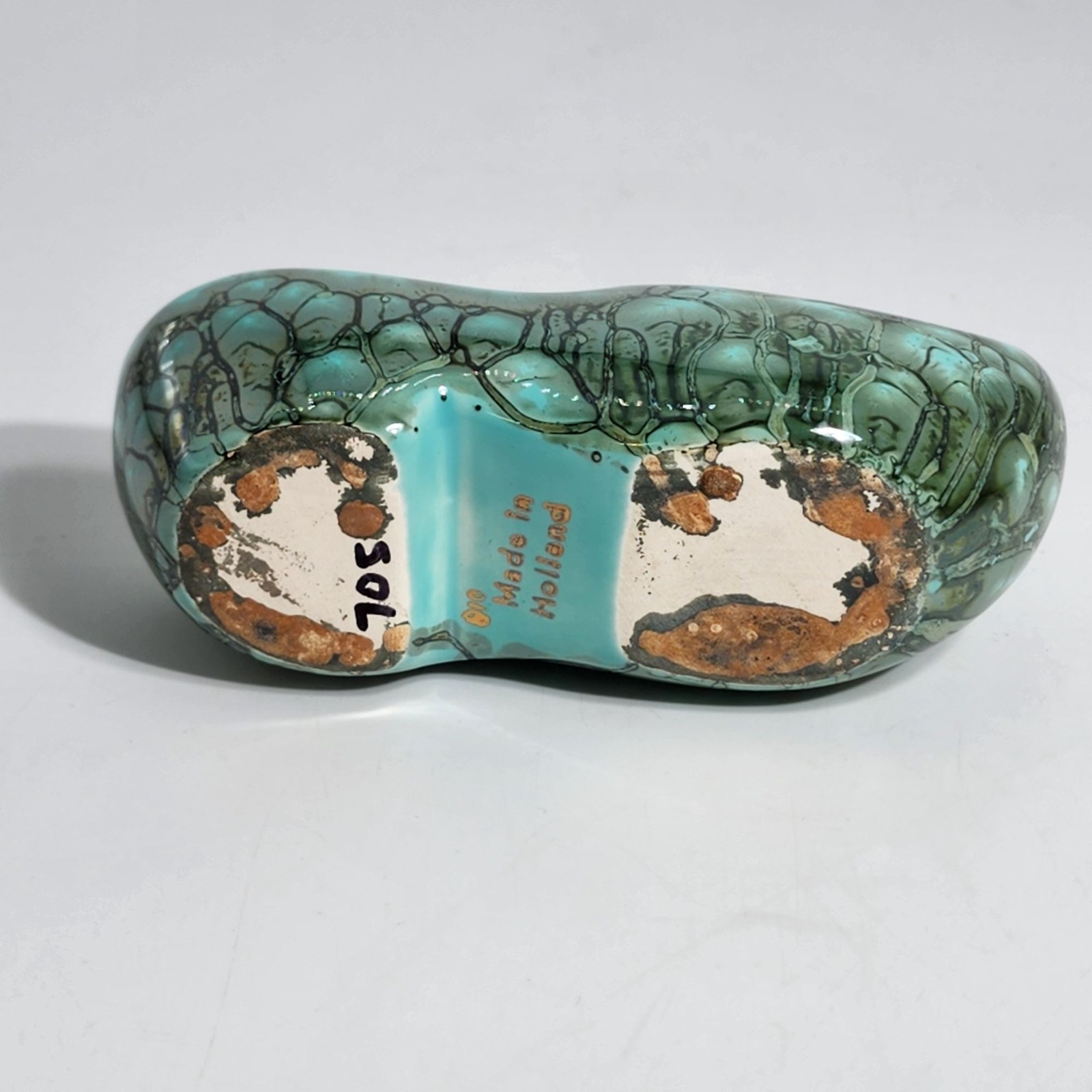 Vintage Dutch Ceramic Clog Shoe Turquoise and Gold Hand Painted Made in Holland