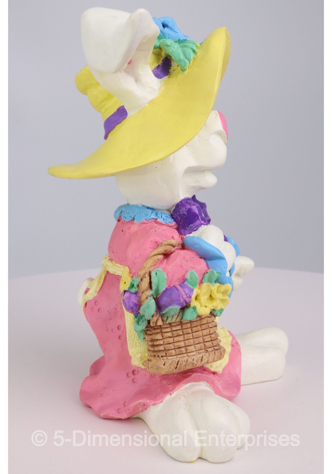Vintage EASTER BUNNY Resin Figurine Wearing a FLOWERY HAT with FLOWER BASKET