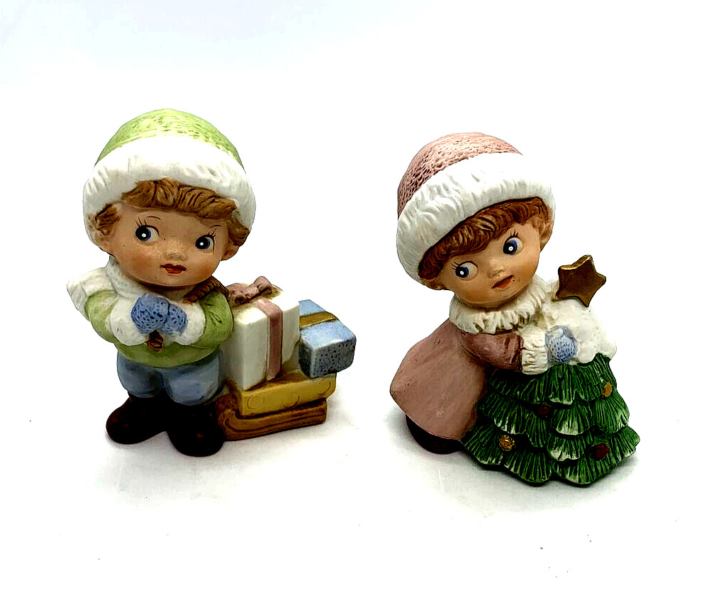 Homco #5556 Christmas Figurines Set of 2 Boy w/Presents Girl w/Tree 4”