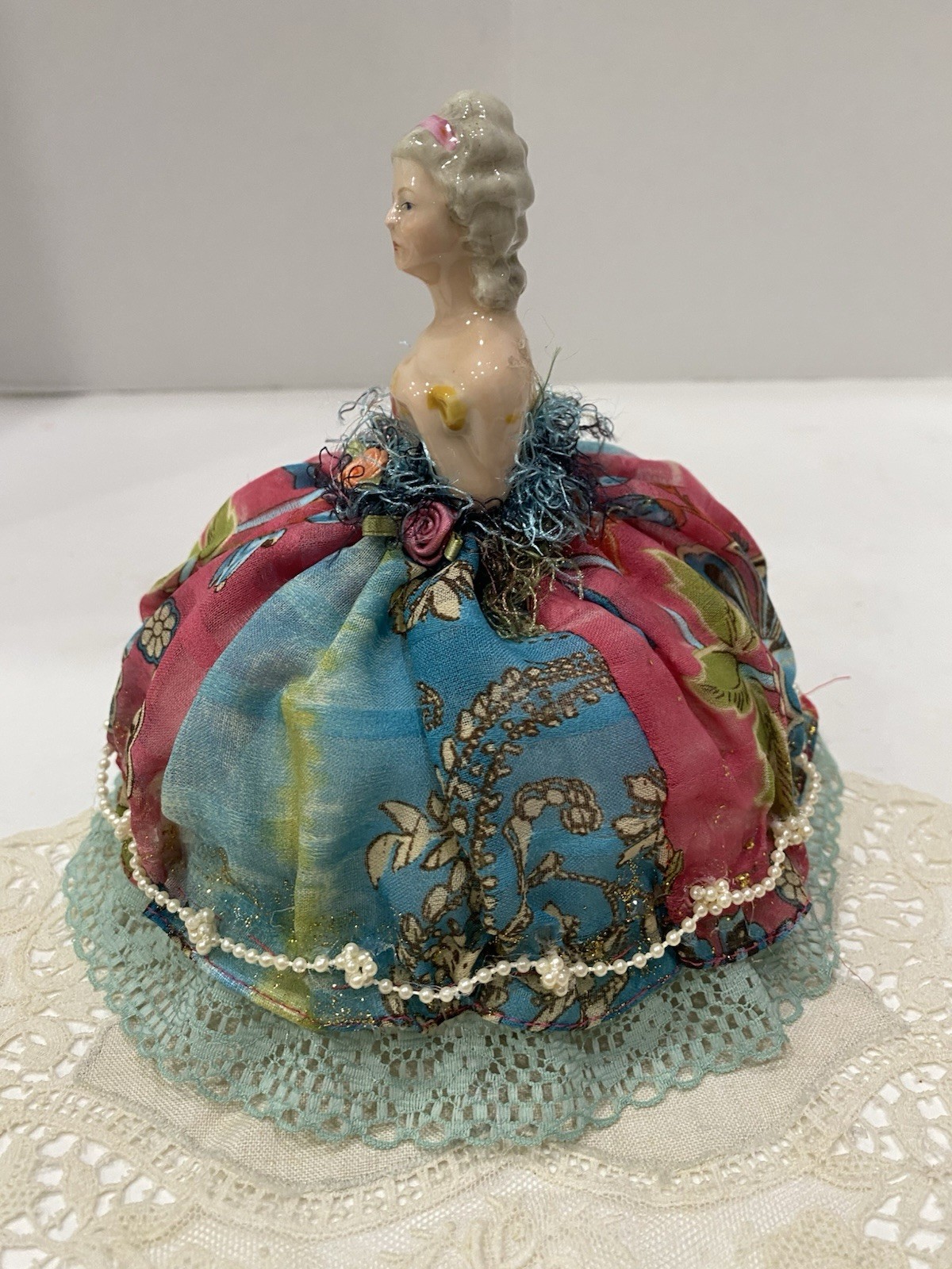 Vintage Germany Porcelain Vanity Half Doll Pin Cushion Dress Victorian Blue Pink