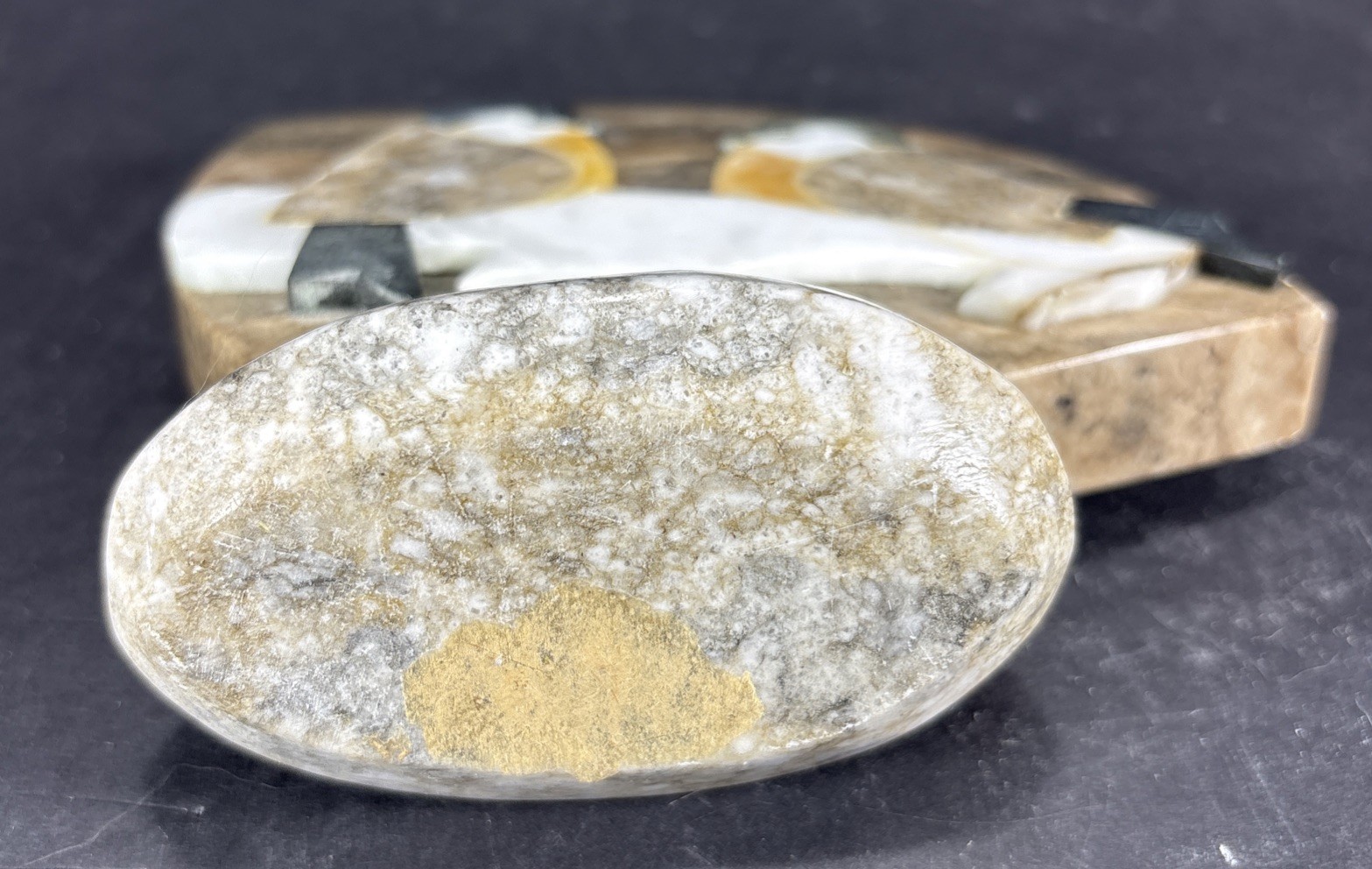 Vintage Carved & Polished Stone Soviet Folk Art Inlay Birds Paperweight 1960 6”