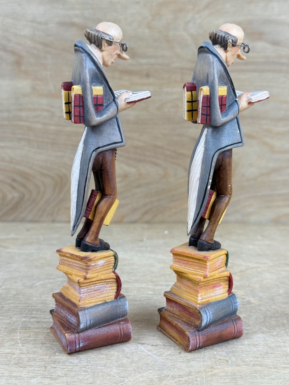 Pair Original Lepi Woodcarving Reader Sculpture Book Man Prinoth Leo Italy 6″